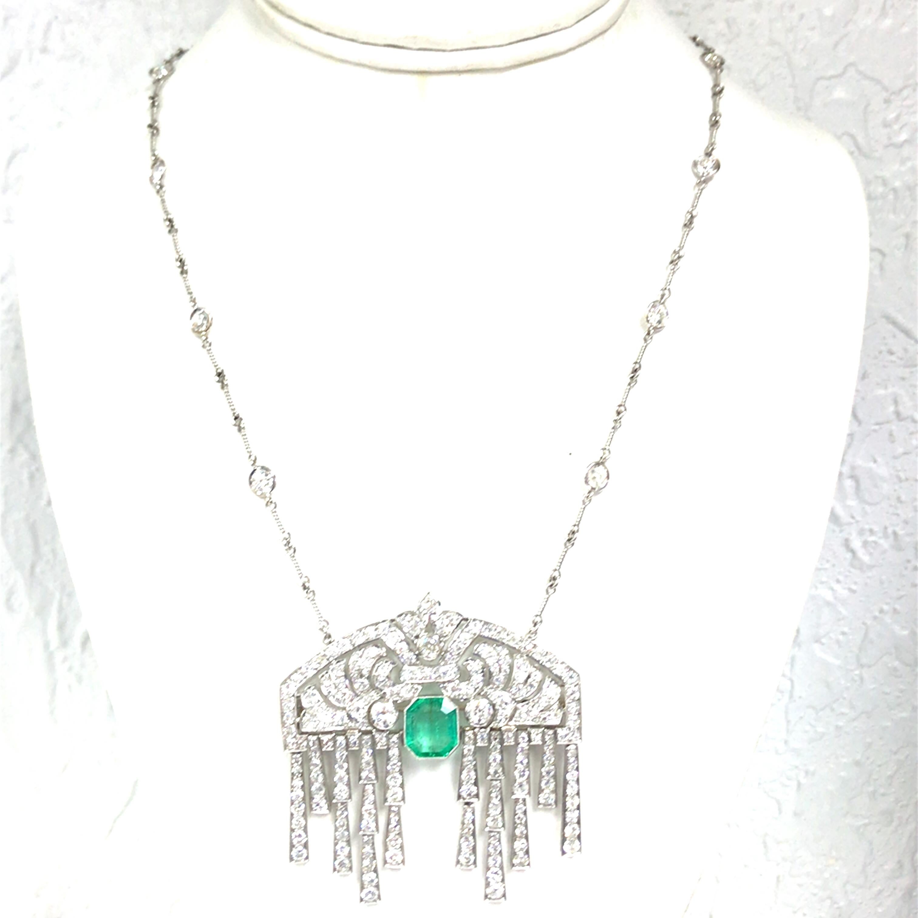 Emerald Cut Platinum Vintage Emerald and Diamond Pendant Diamond by the Yard Necklace For Sale