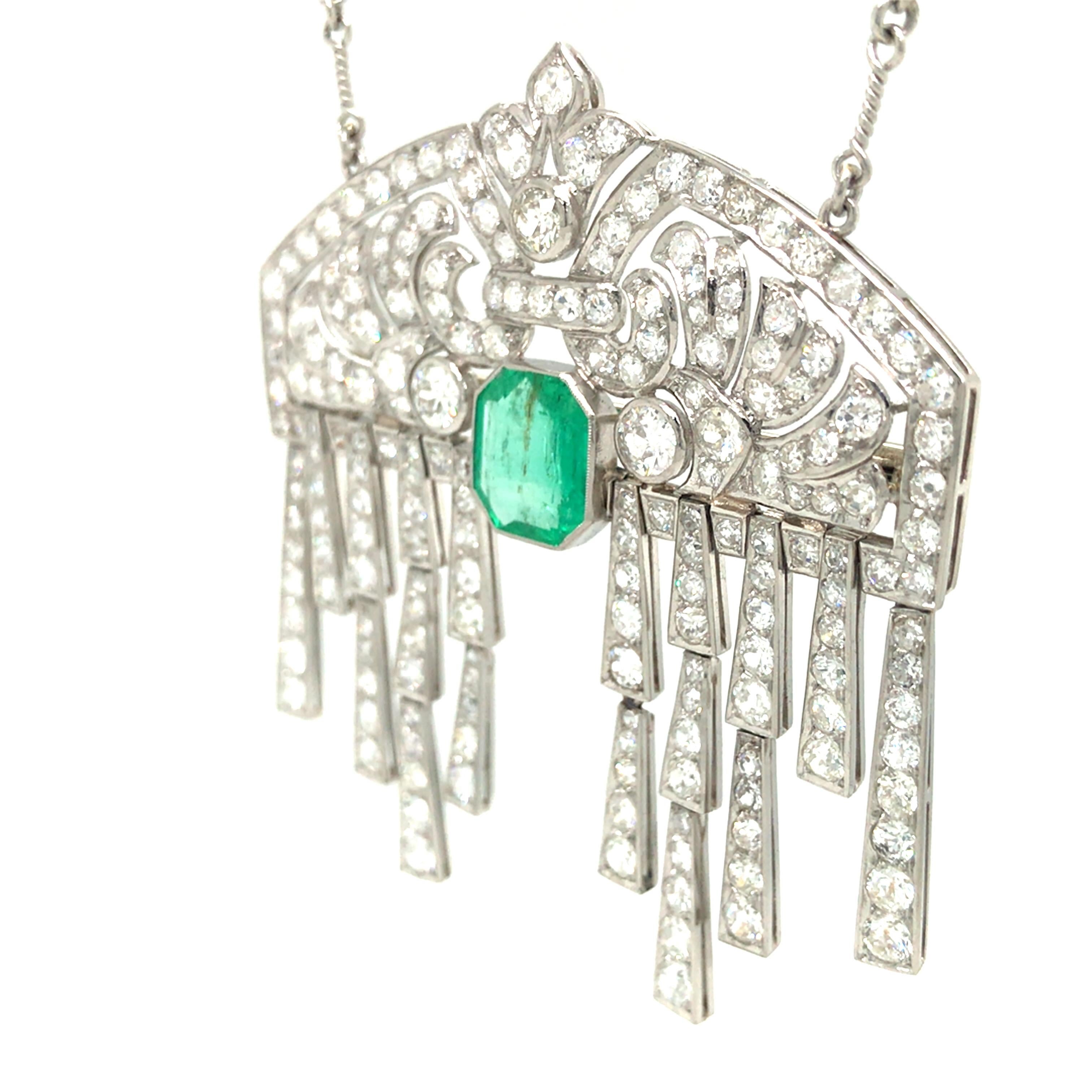 Women's Platinum Vintage Emerald and Diamond Pendant Diamond by the Yard Necklace For Sale