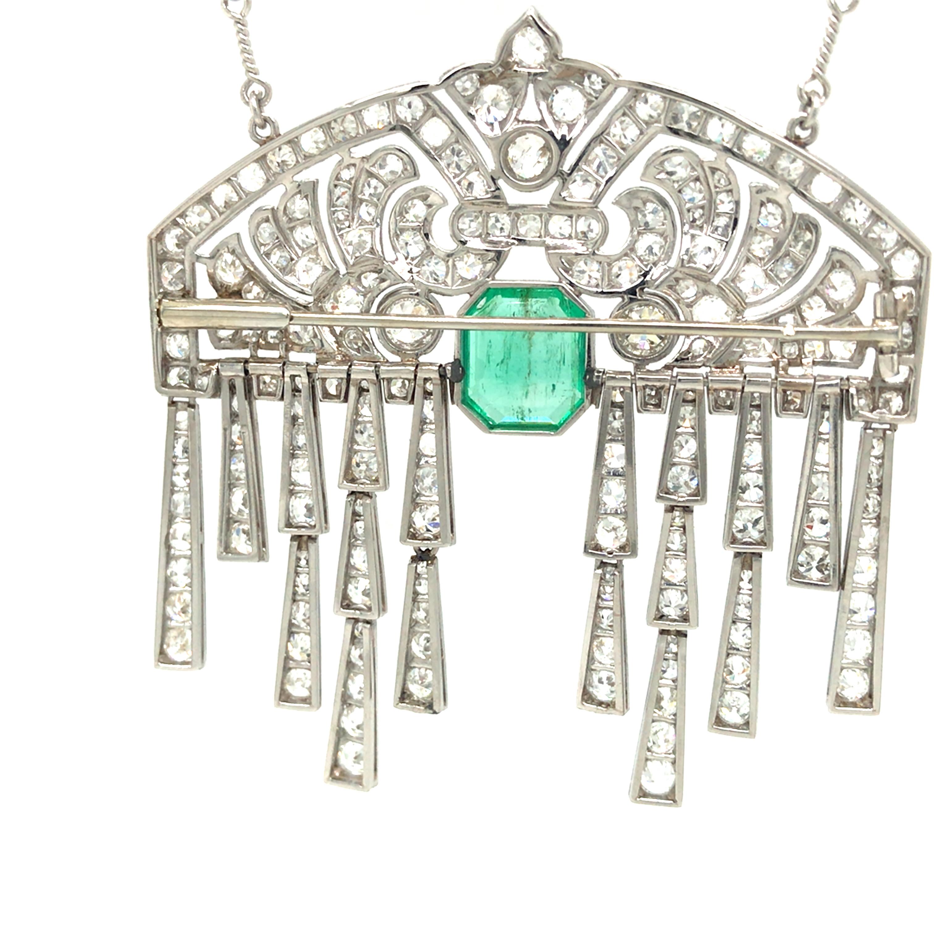 Platinum Vintage Emerald and Diamond Pendant Diamond by the Yard Necklace For Sale 2