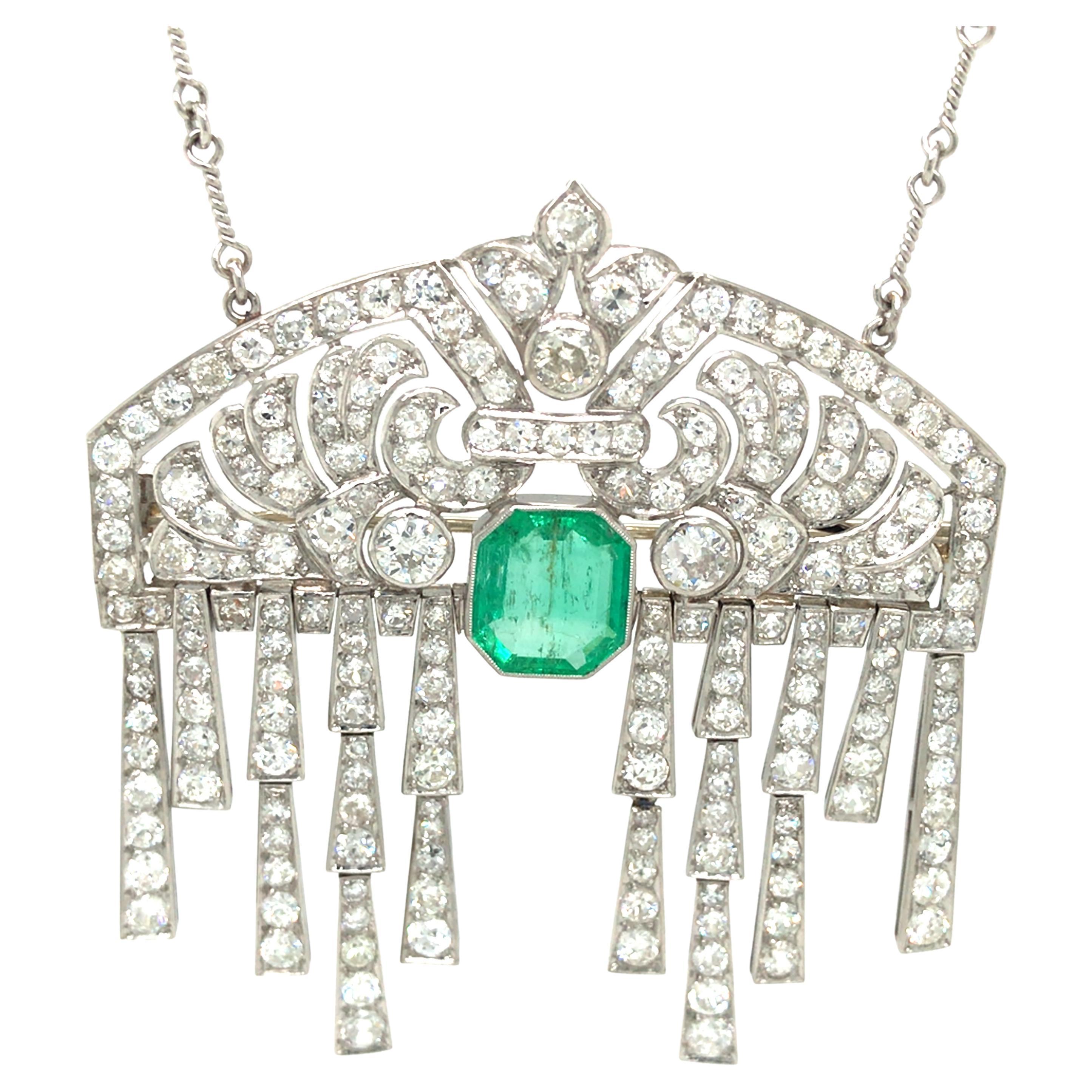 Platinum Vintage Emerald and Diamond Pendant Diamond by the Yard Necklace