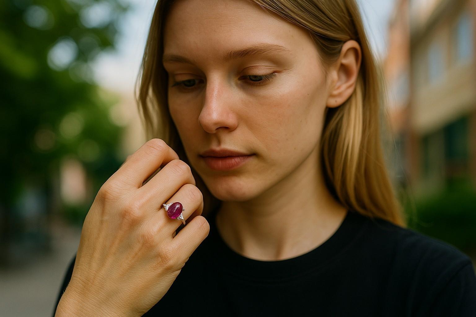 Rehaussez vos fiançailles avec cette exquise bague d'inspiration vintage, conçue pour faire chavirer les cœurs et enflammer l'amour éternel. Ce chef-d'œuvre en platine est orné d'un fascinant rubis rouge de Birmanie en cabochon, pesant 3,70 carats.