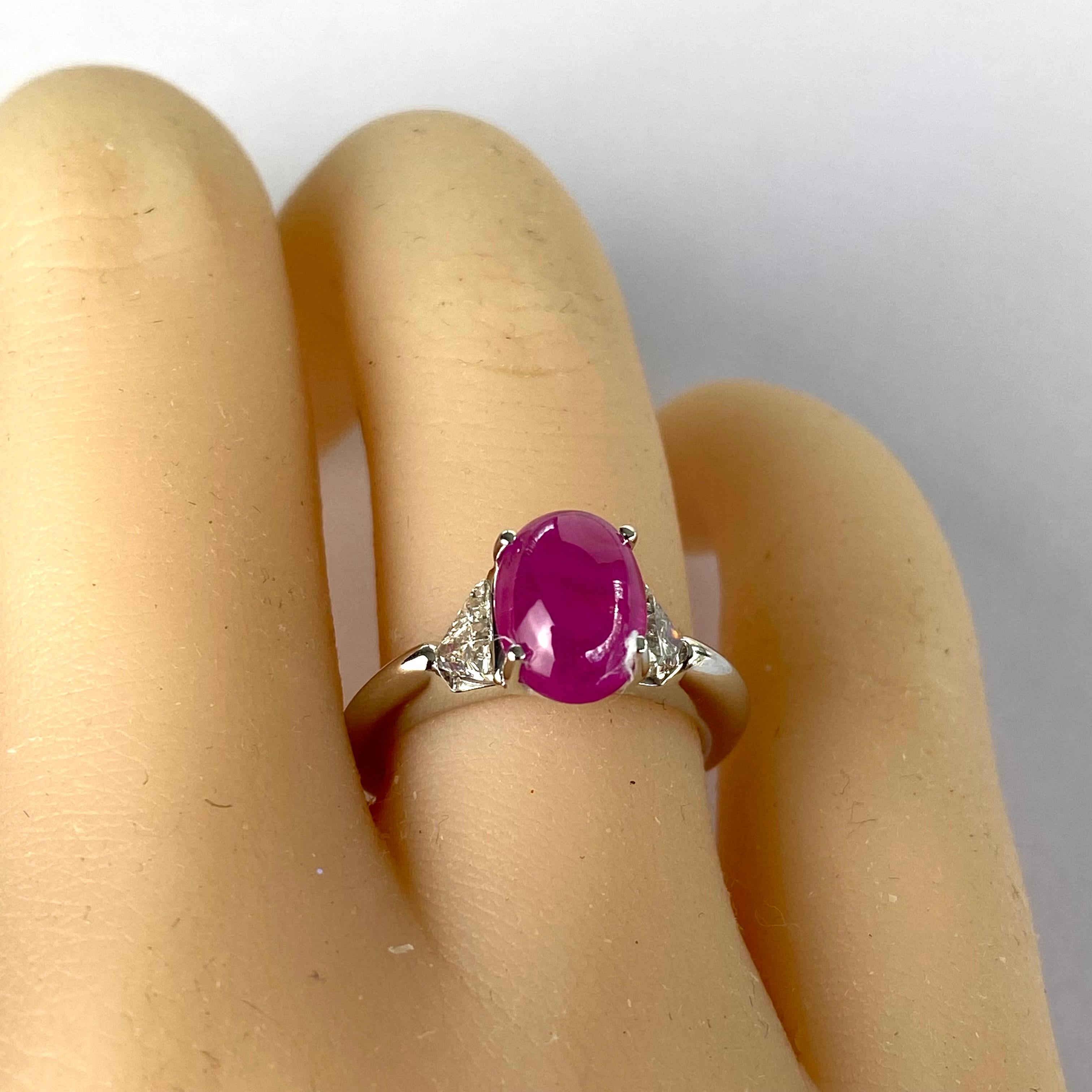 Oval Cut Platinum Vintage Engagement Ring Triangle Diamond Cabochon Burma Ruby 4.10 Carat For Sale
