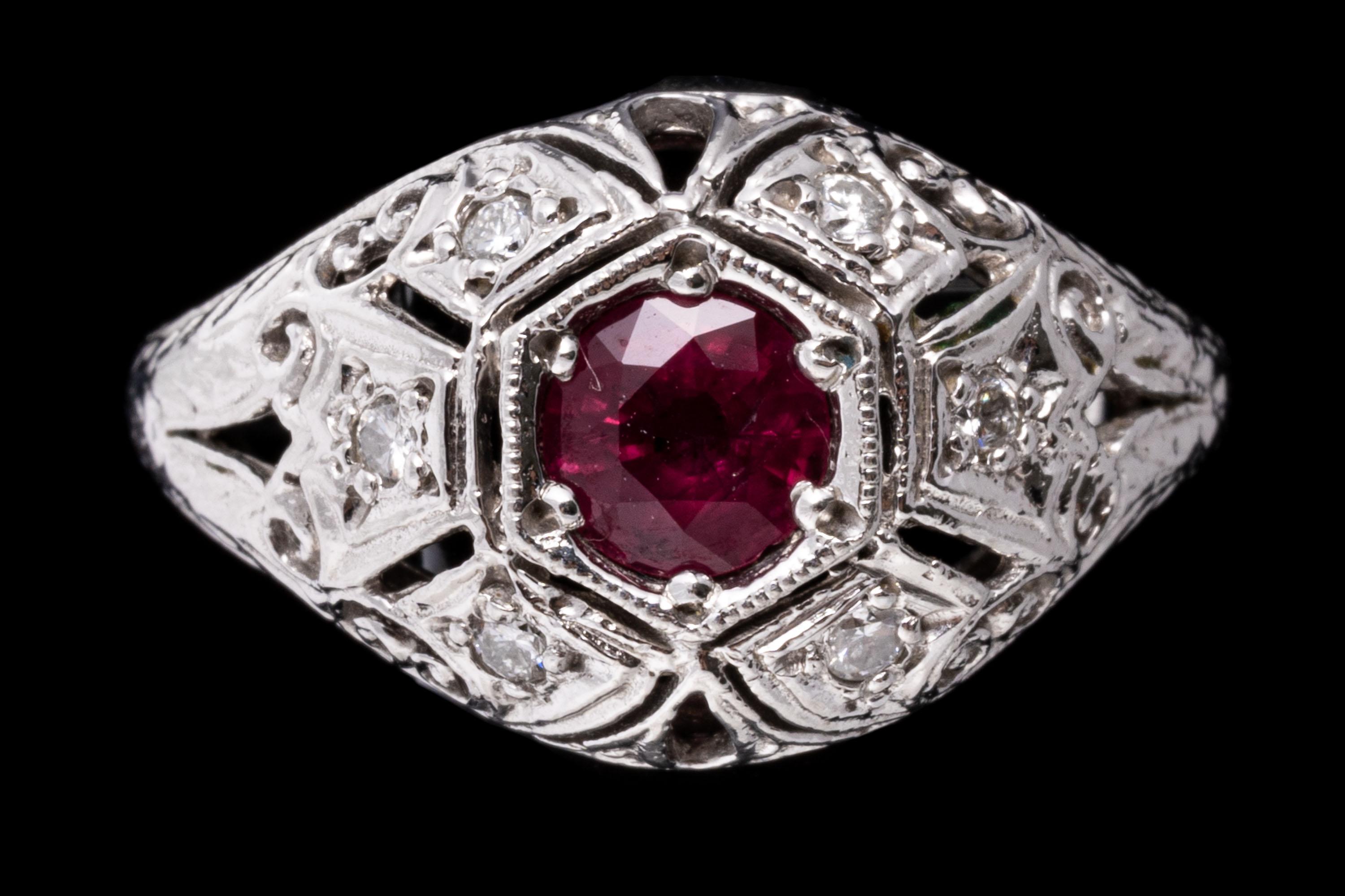 Women's Platinum Vintage Filigree Ruby and Diamond Dome Ring For Sale