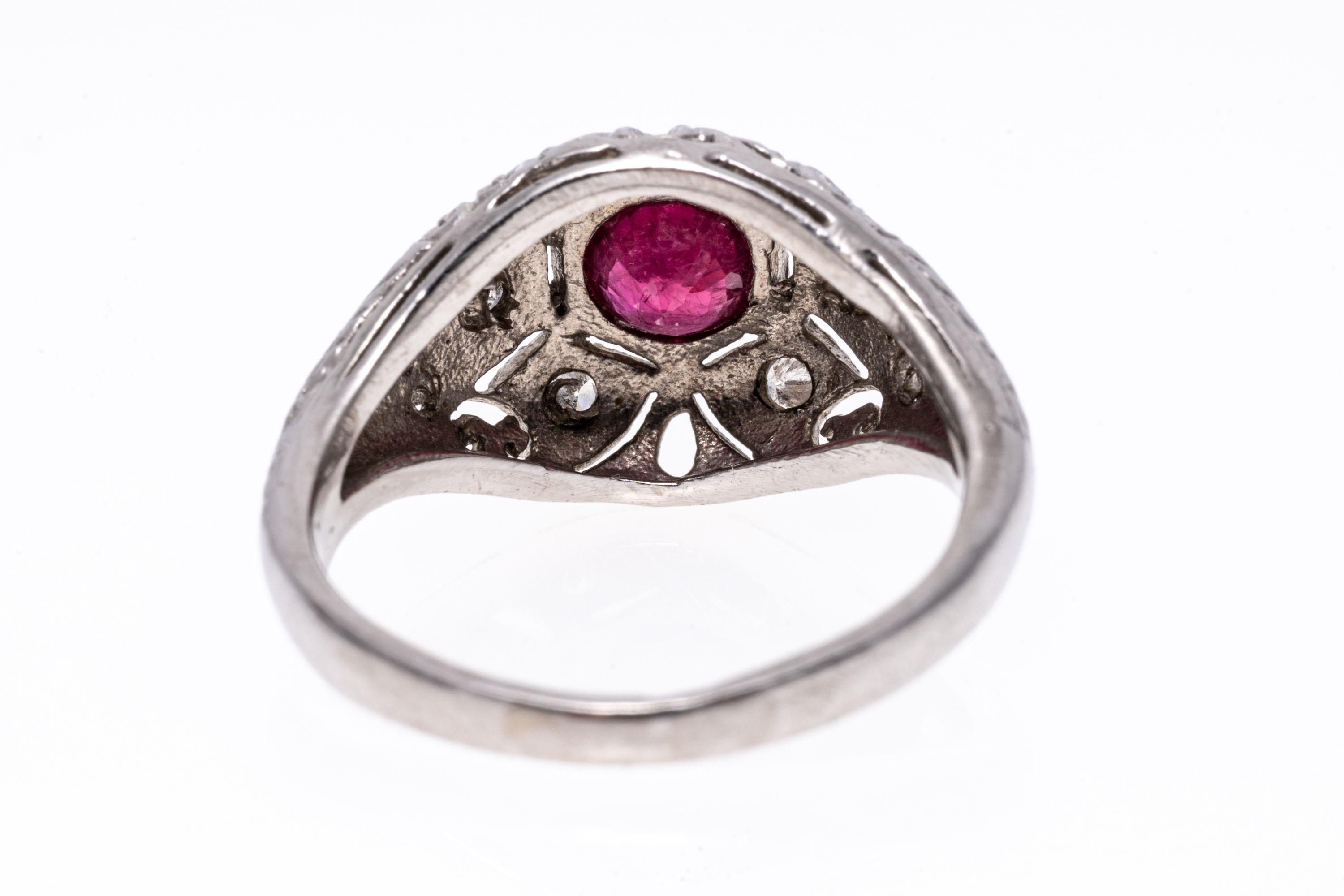 Platinum Vintage Filigree Ruby and Diamond Dome Ring For Sale 1
