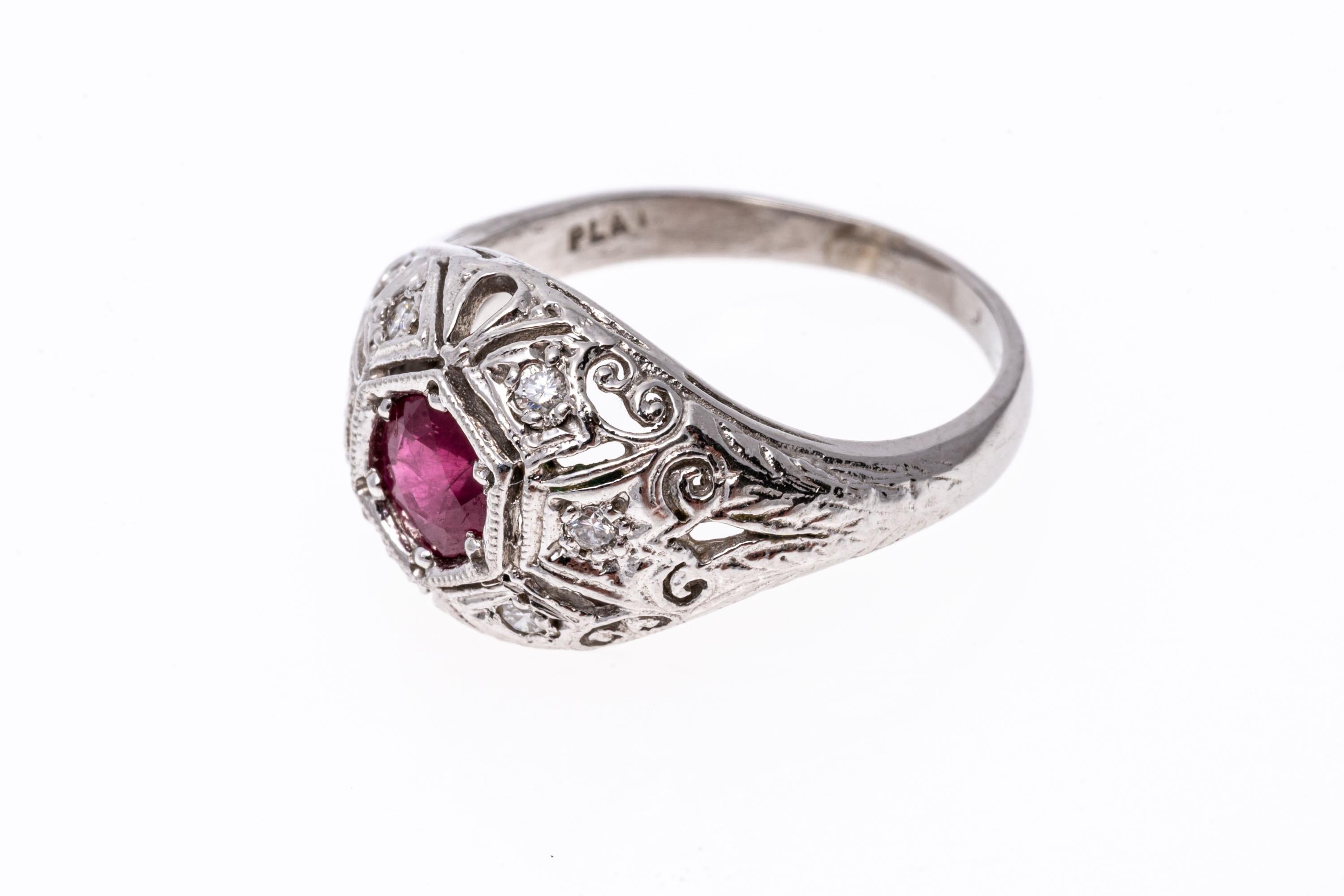 Platinum Vintage Filigree Ruby and Diamond Dome Ring For Sale 2