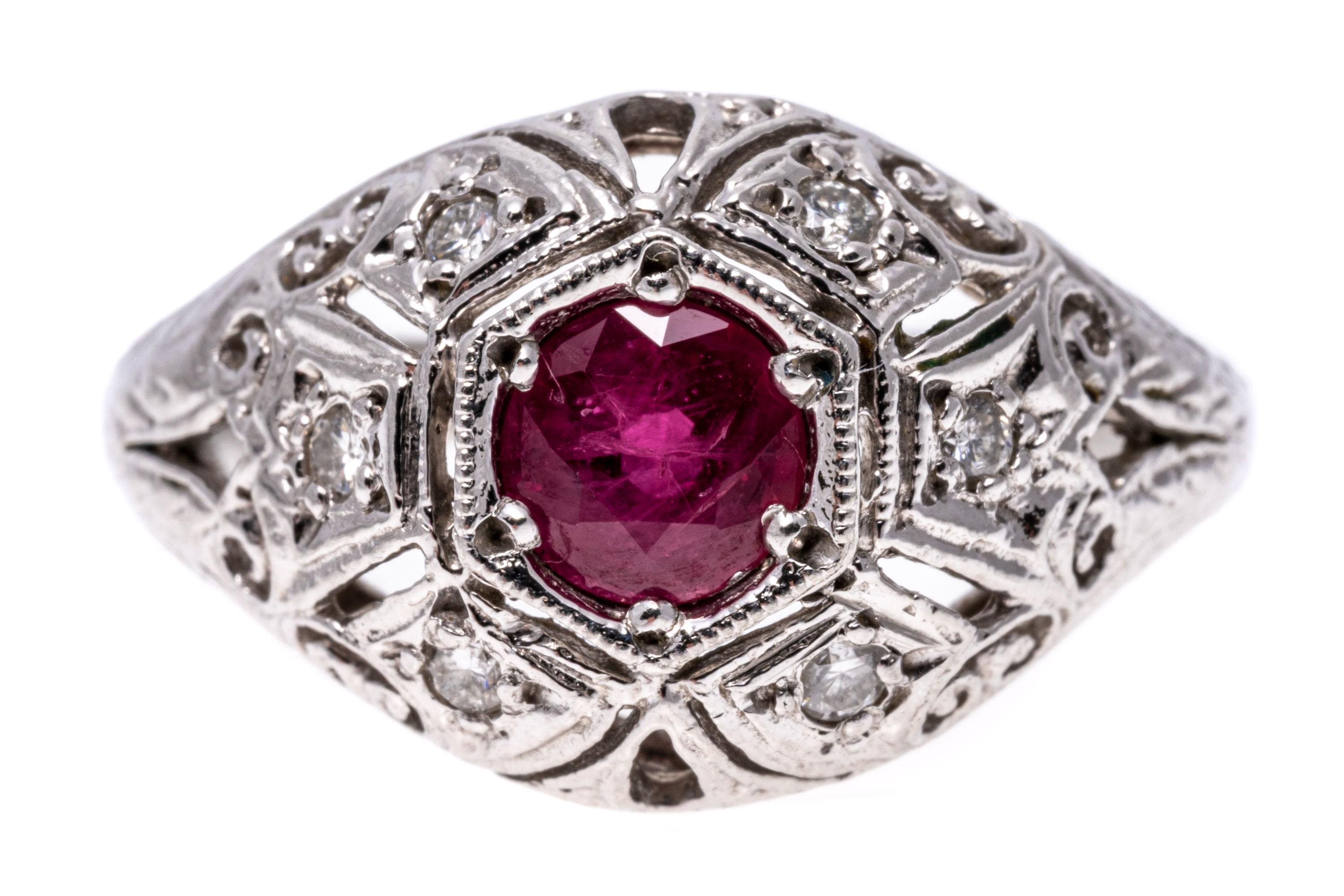 Platinum Vintage Filigree Ruby and Diamond Dome Ring For Sale 3