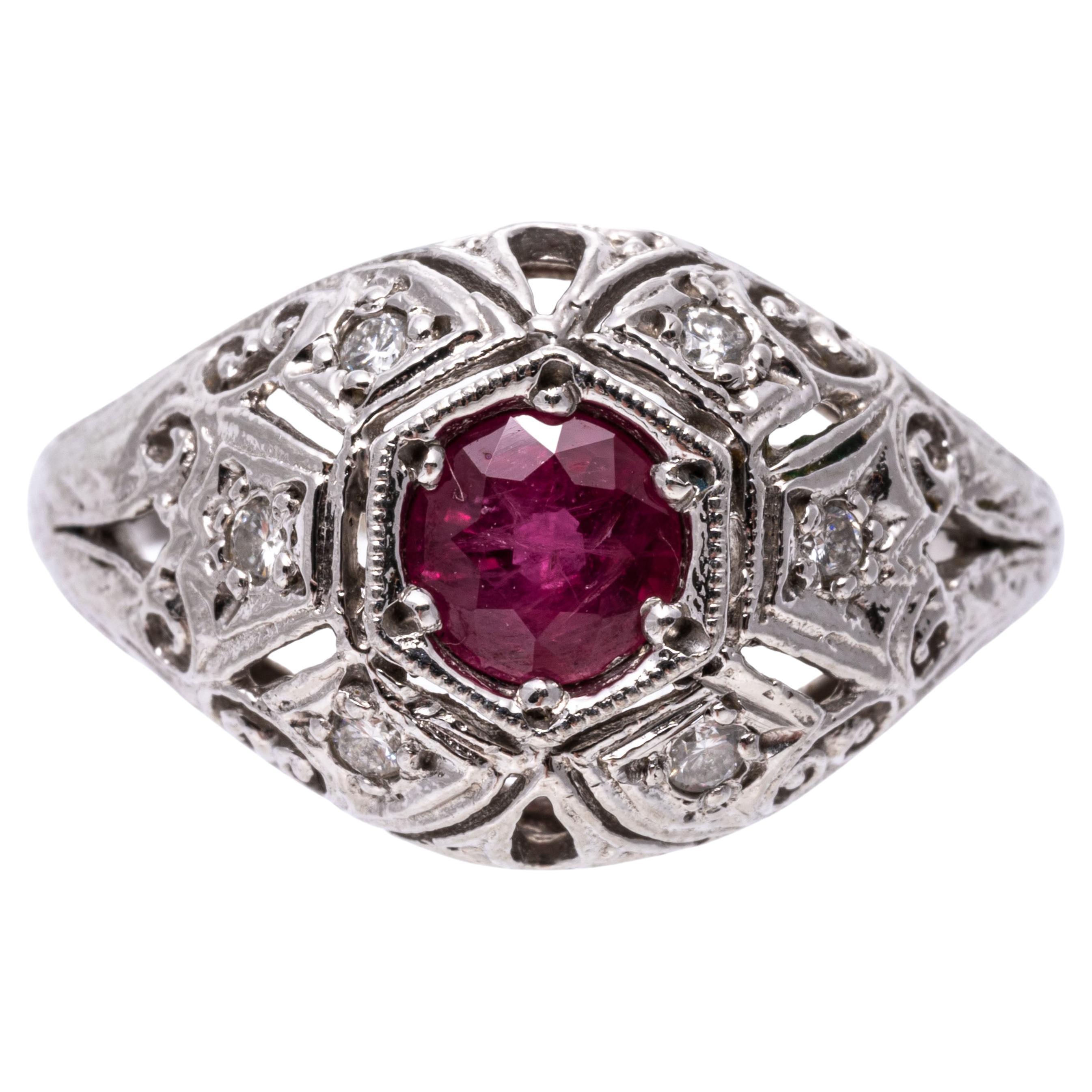 Platinum Vintage Filigree Ruby and Diamond Dome Ring For Sale