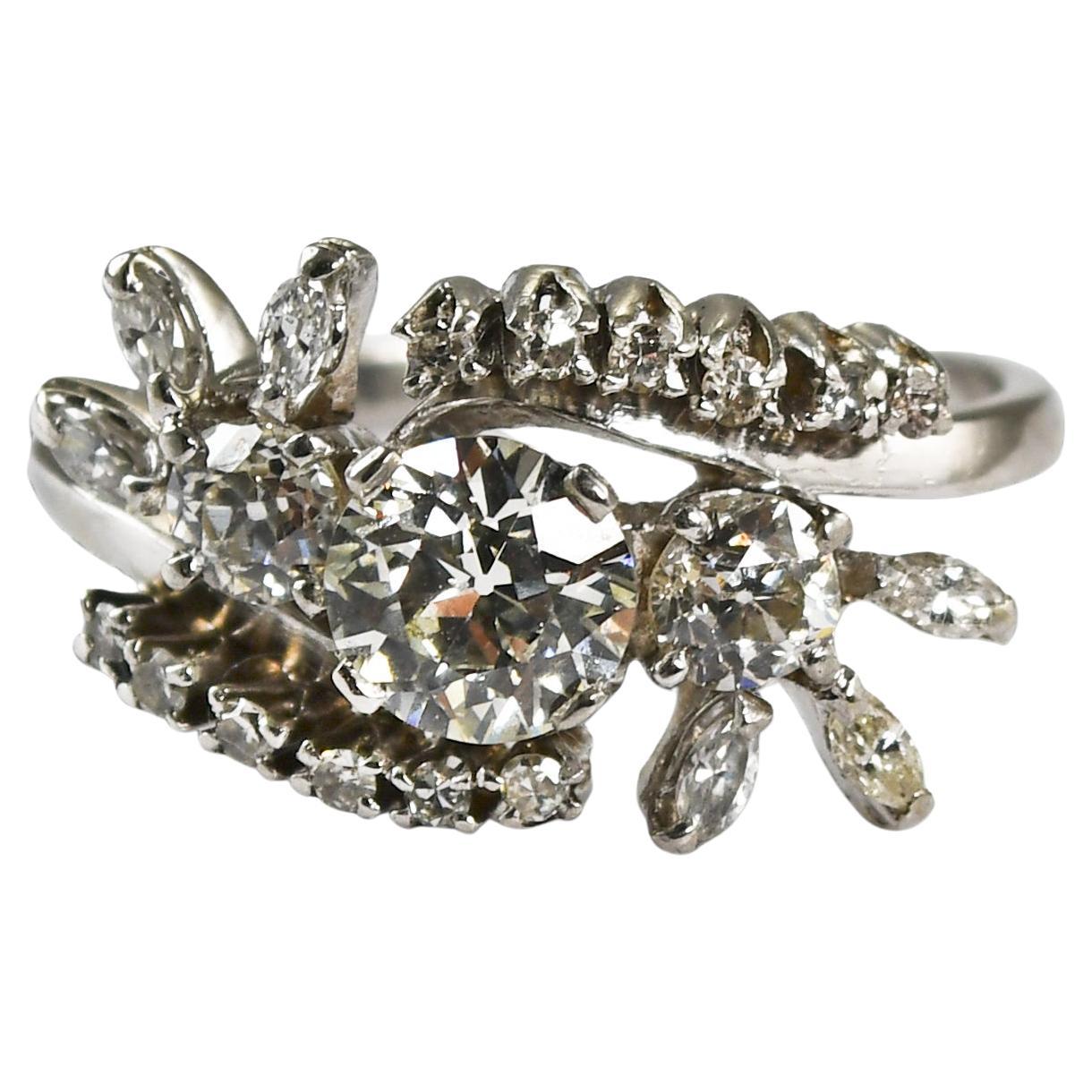 Bague vintage avec diamant taille européenne ancienne 1,33 carat