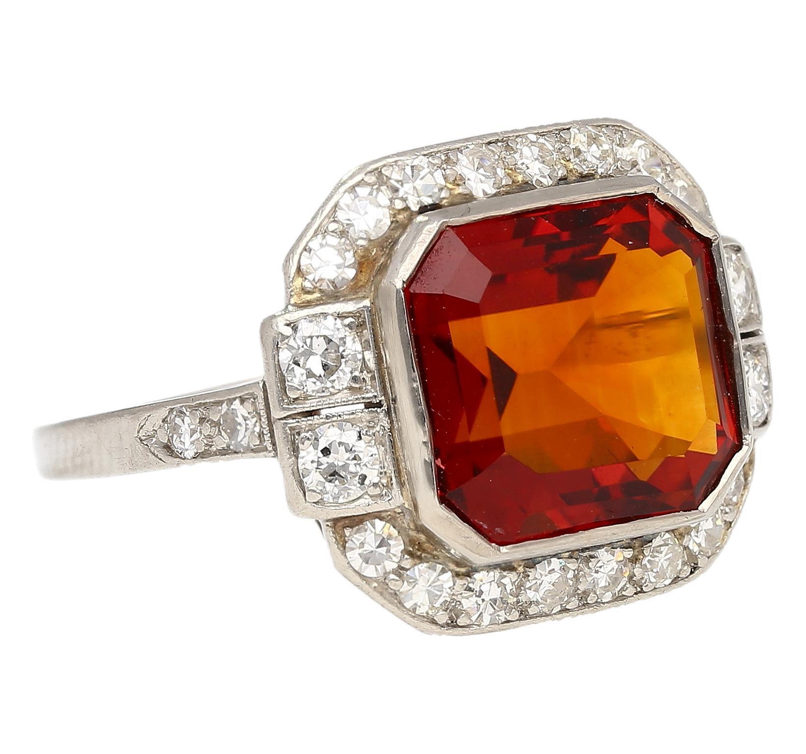 Emerald Cut Platinum Vintage Retro 4.42 Carat Citrine Bezel & Diamond Halo Ring For Sale