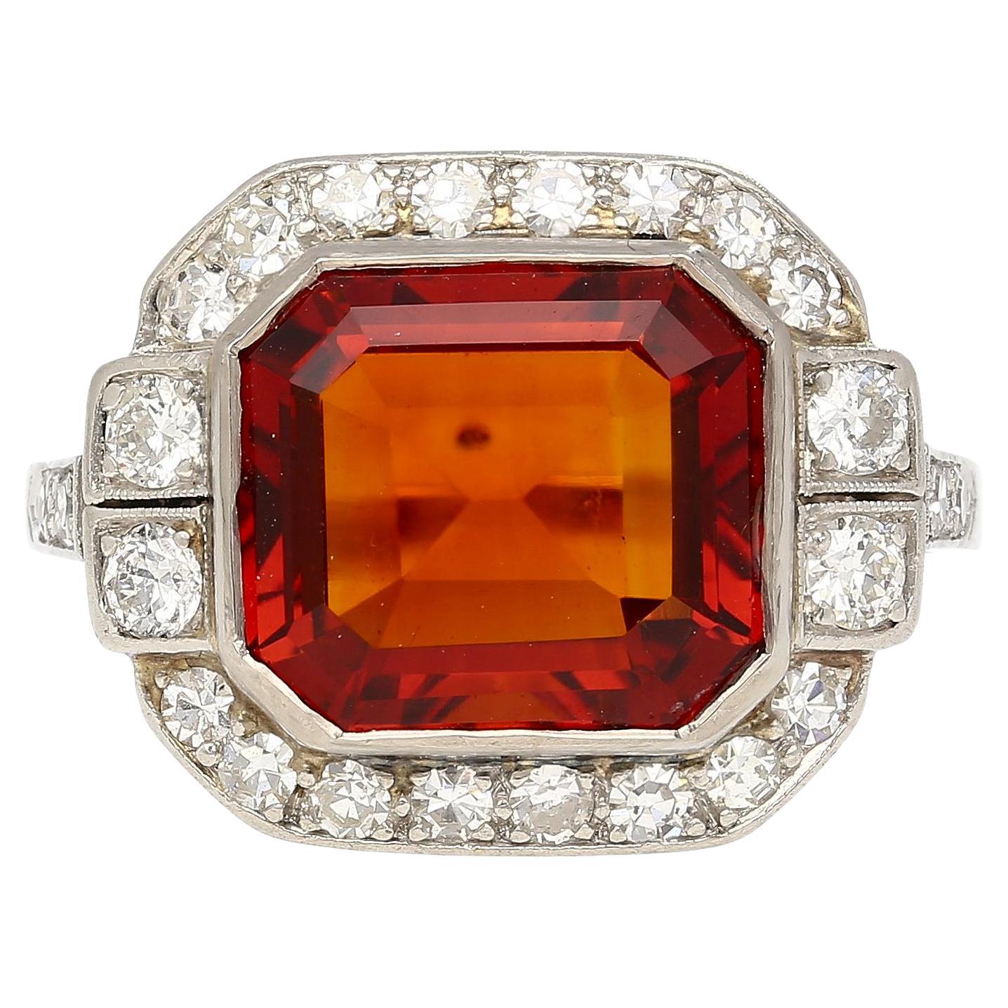 Platinum Vintage Retro 4.42 Carat Citrine Bezel & Diamond Halo Ring For Sale