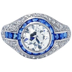 Platinum Vintage Ring with European Cut Center and Sapphire Accents