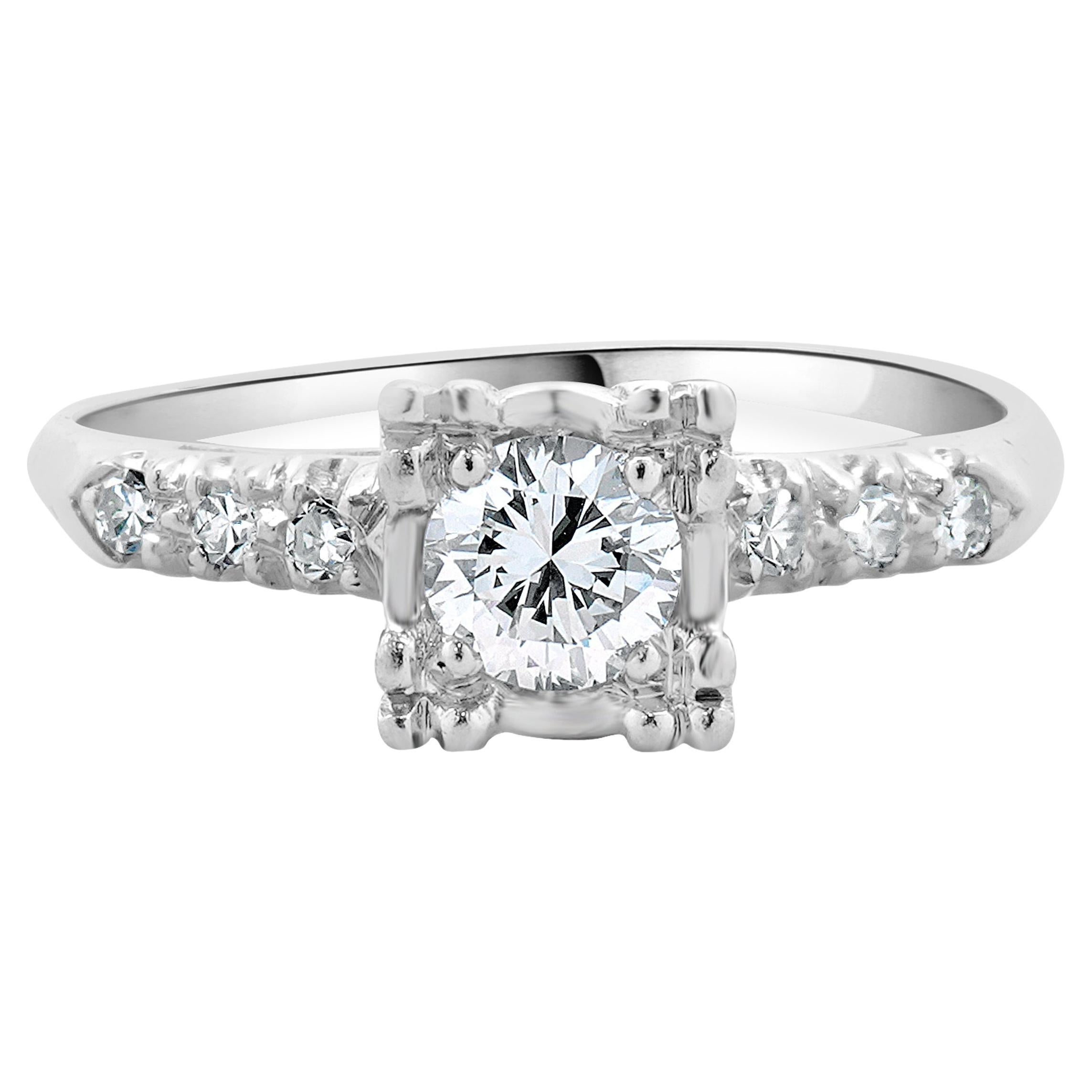 Platinum Vintage Round Brilliant Cut Diamond Engagement Ring For Sale