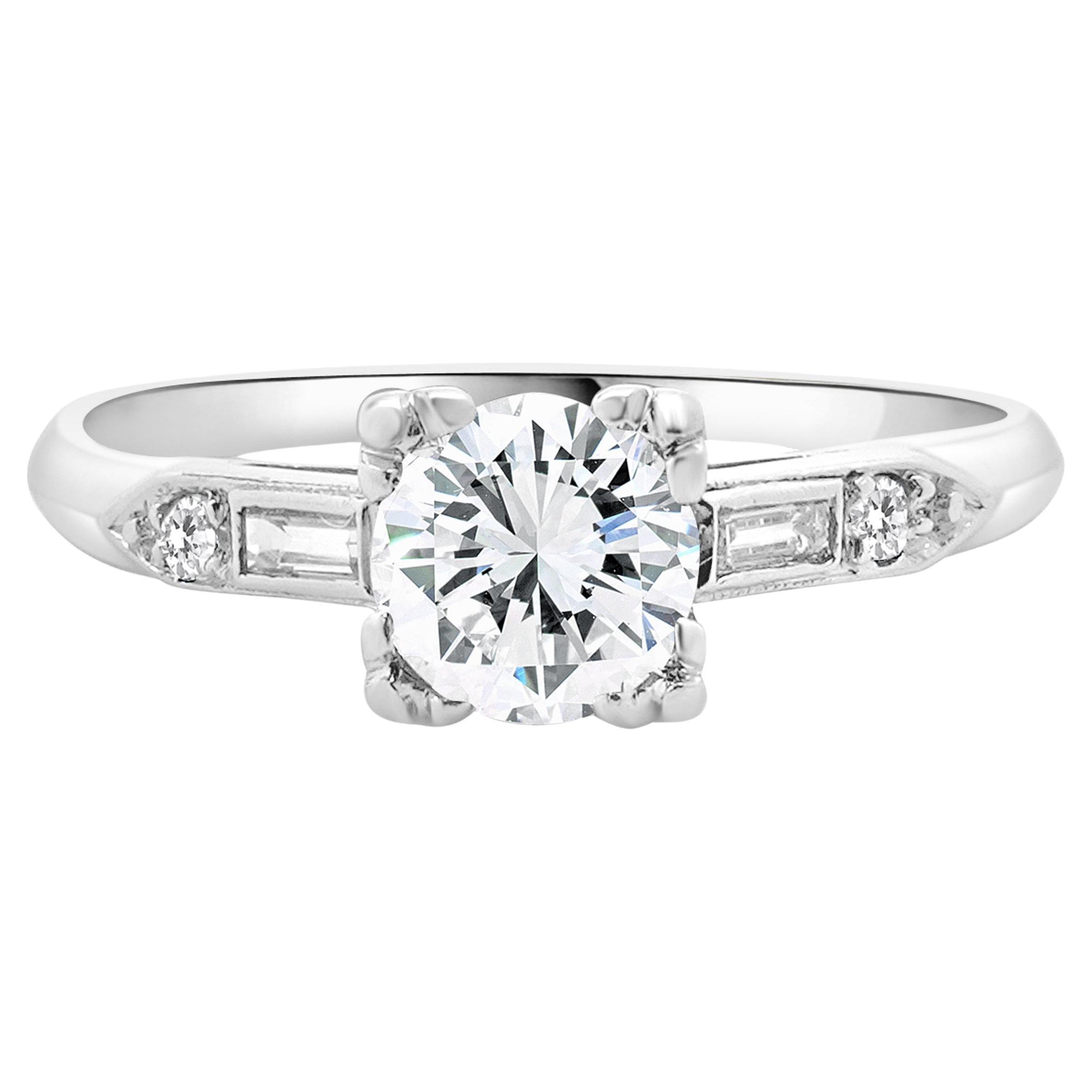 Platinum Vintage Round European Cut Diamond Engagement Ring For Sale