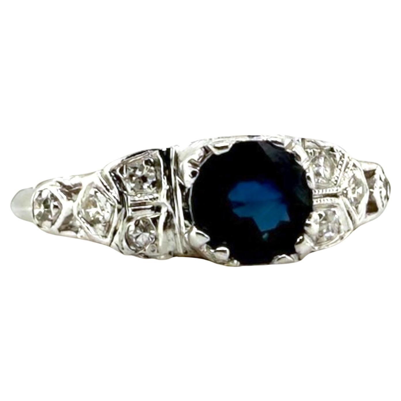 Platinum Vintage Sapphire Solitaire Engagement Ring For Sale