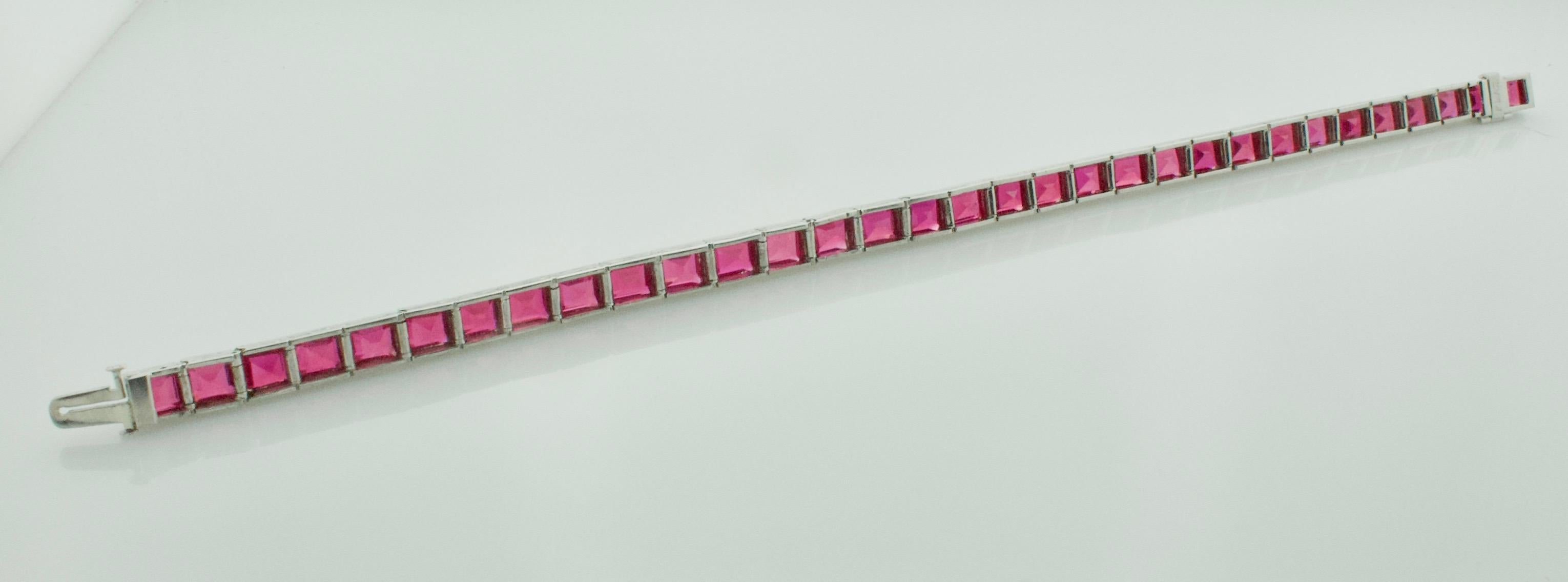 Art Deco Platinum Vintage Synthetic Ruby Straight Line Bracelet, circa 1930s