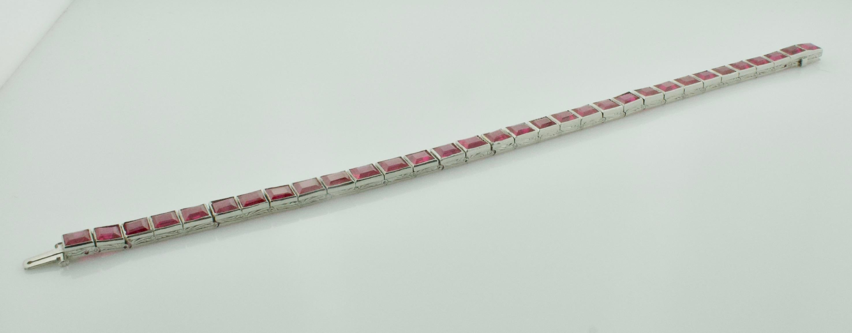 Baguette Cut Platinum Vintage Synthetic Ruby Straight Line Bracelet, circa 1930s