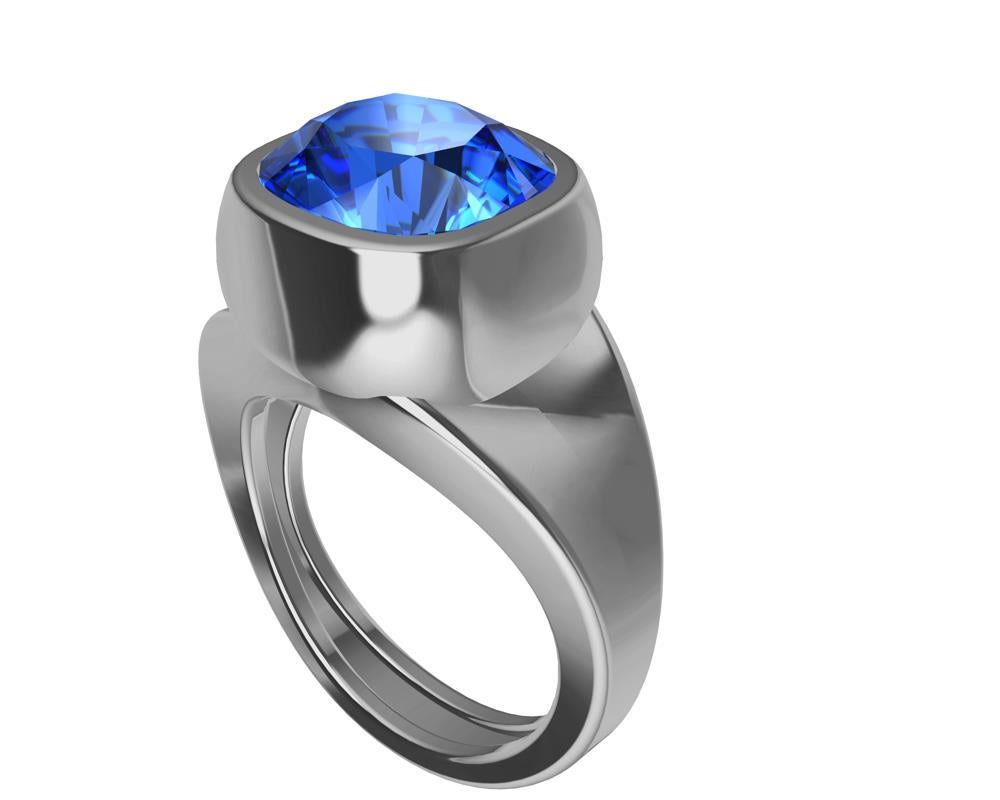 Platinum Vivid Cushion Cut 6.06 Carats Blue Sapphire Unisex Sculpture Ring For Sale 5