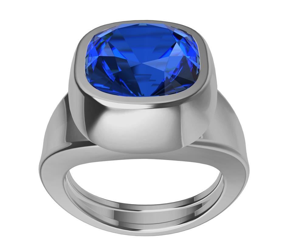 Platinum Vivid Cushion Cut 6.06 Carats Blue Sapphire Unisex Sculpture Ring In New Condition For Sale In New York, NY