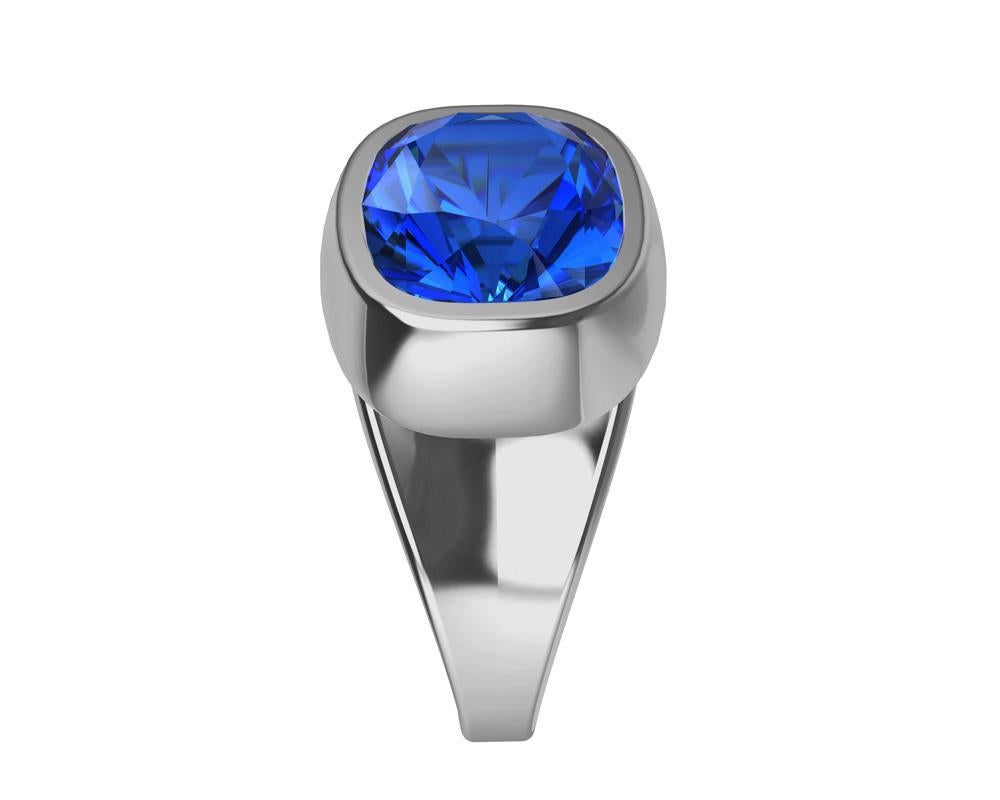 Platinum Vivid Cushion Cut 6.06 Carats Blue Sapphire Unisex Sculpture Ring For Sale 1