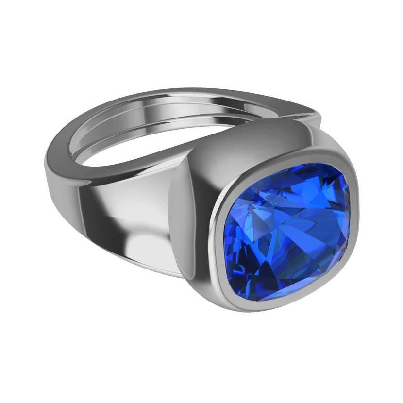 Platinum Vivid Cushion Cut 6.06 Carats Blue Sapphire Unisex Sculpture Ring For Sale