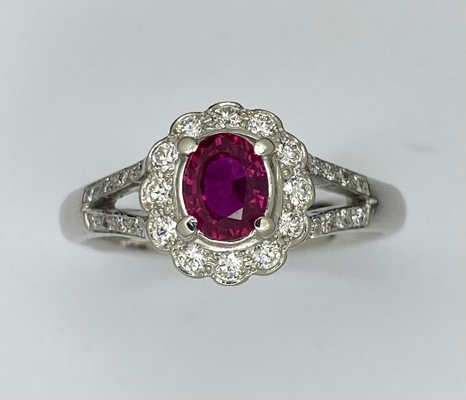 Edwardian Platinum Vivid Ruby Diamond Cluster Ring For Sale