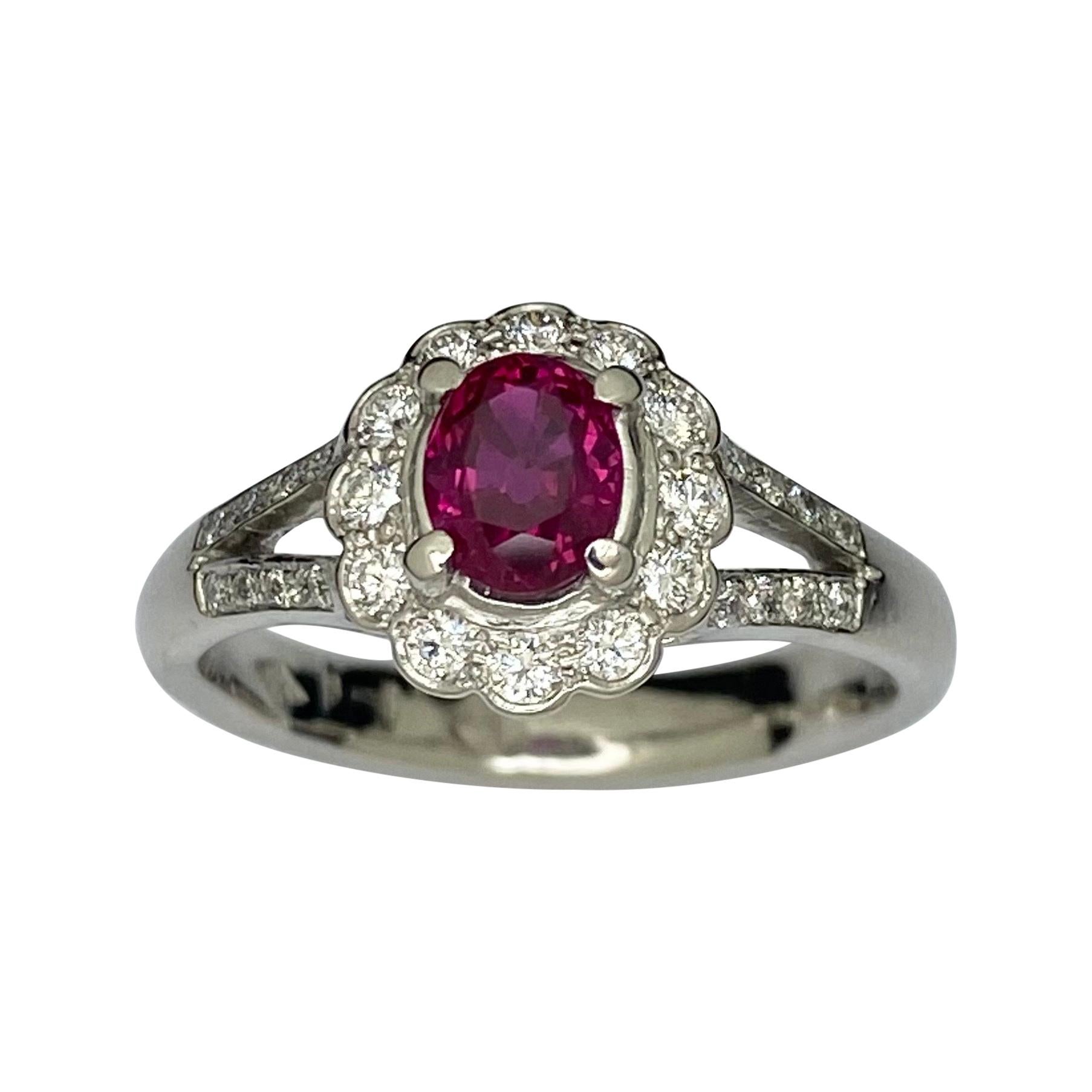Platinum Vivid Ruby Diamond Cluster Ring For Sale