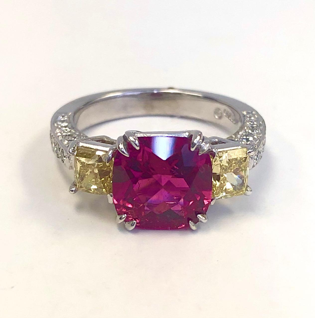 Contemporary Platinum Vivid Yellow Diamond and 2.55 Carat Pink Tourmaline Ring For Sale