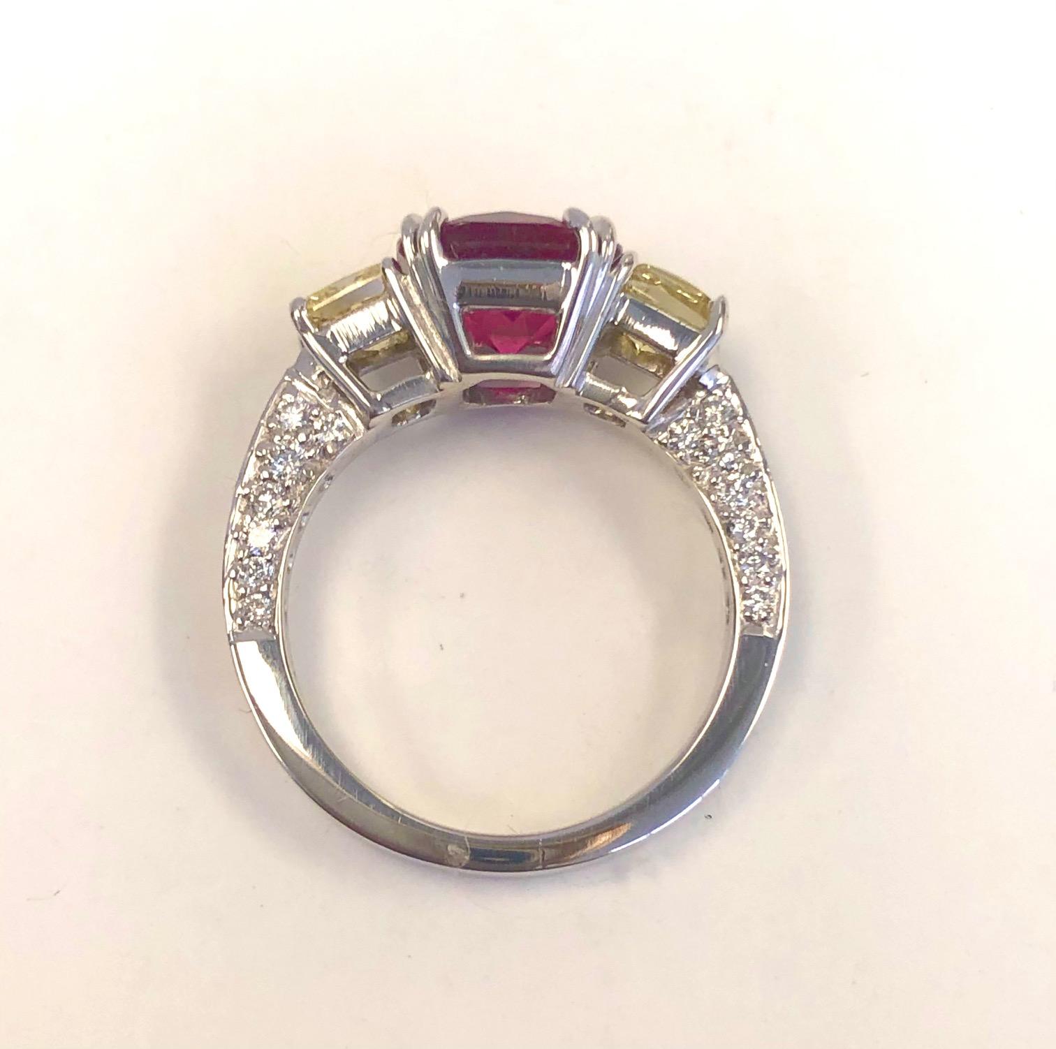Platinum Vivid Yellow Diamond and 2.55 Carat Pink Tourmaline Ring In New Condition For Sale In New York, NY