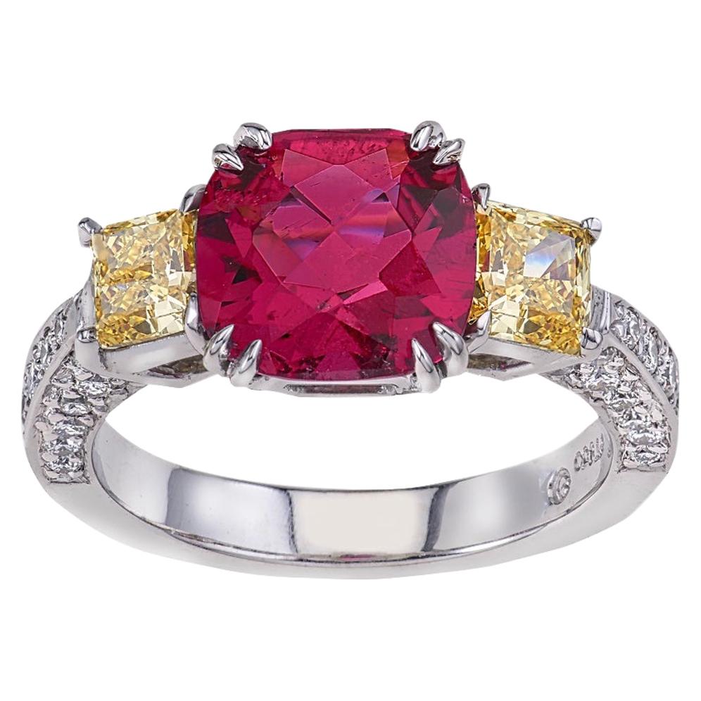 Platinum Vivid Yellow Diamond and 2.55 Carat Pink Tourmaline Ring For Sale