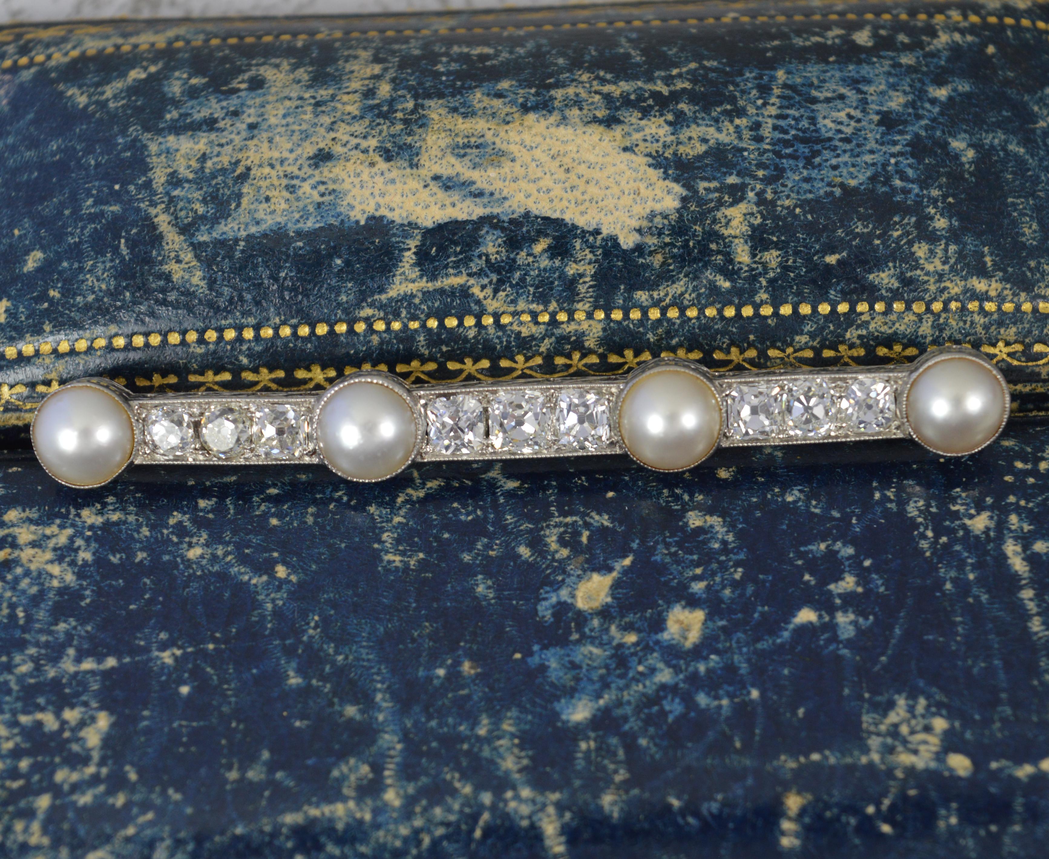 Platinum VS 2.3ct Old Cut Diamond and Pearl Bar Brooch For Sale 4