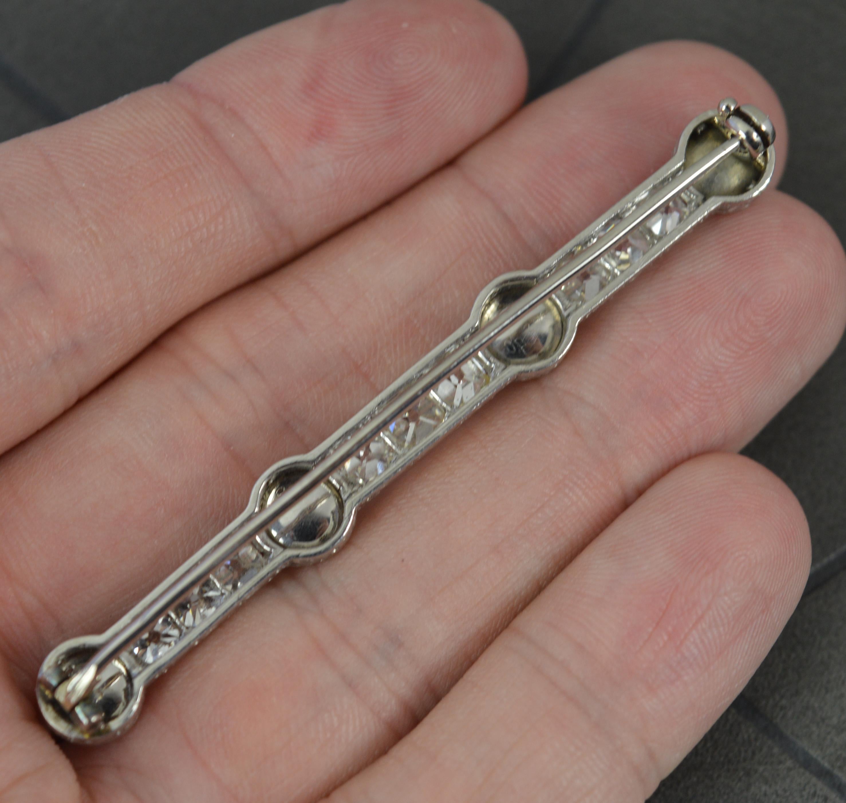Edwardian Platinum VS 2.3ct Old Cut Diamond and Pearl Bar Brooch For Sale