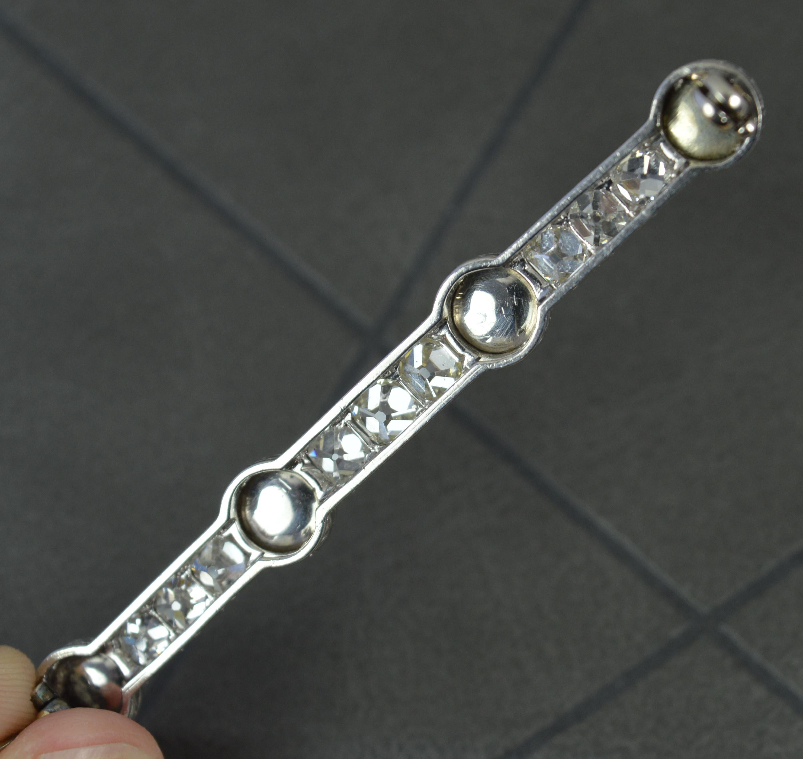 Old European Cut Platinum VS 2.3ct Old Cut Diamond and Pearl Bar Brooch For Sale