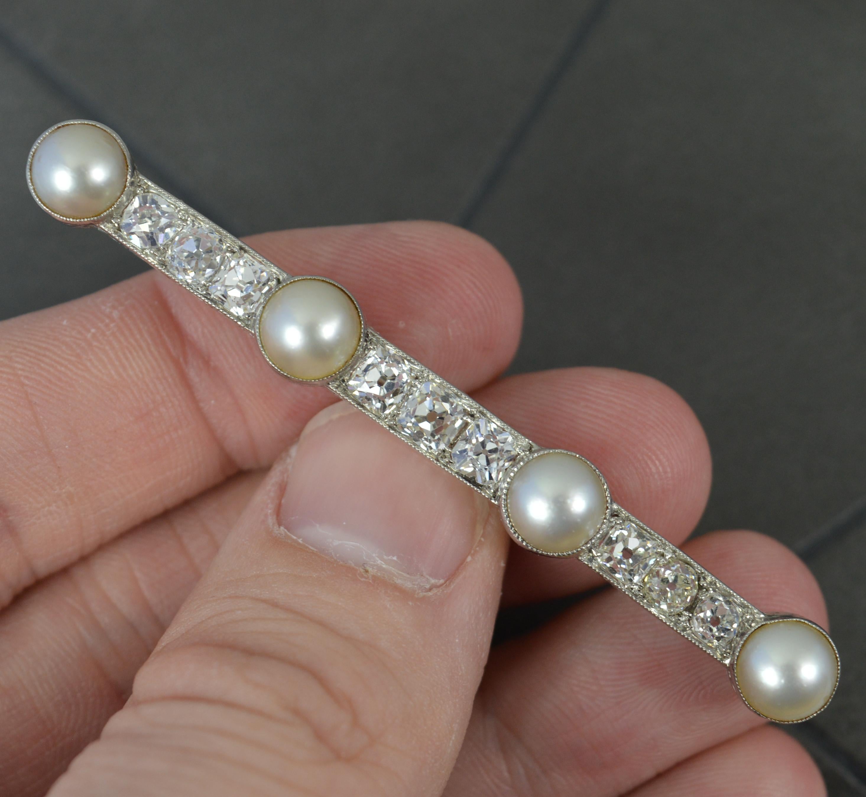 Platinum VS 2.3ct Old Cut Diamond and Pearl Bar Brooch In Excellent Condition For Sale In St Helens, GB