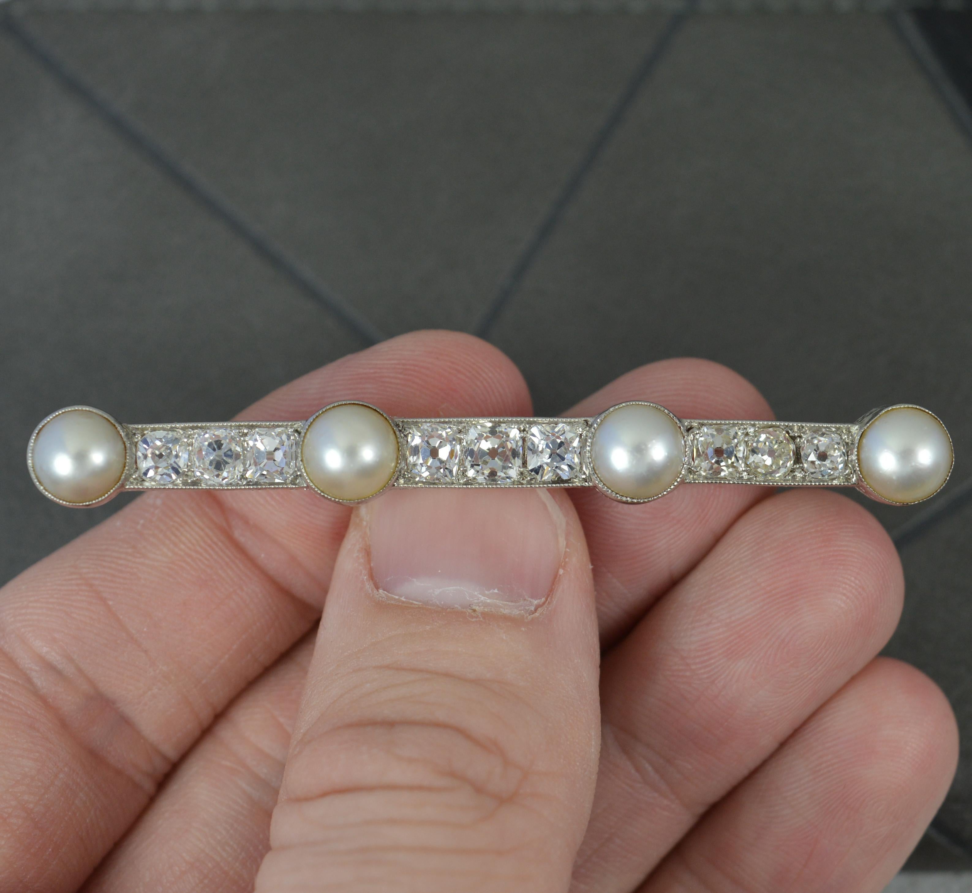 Women's Platinum VS 2.3ct Old Cut Diamond and Pearl Bar Brooch For Sale