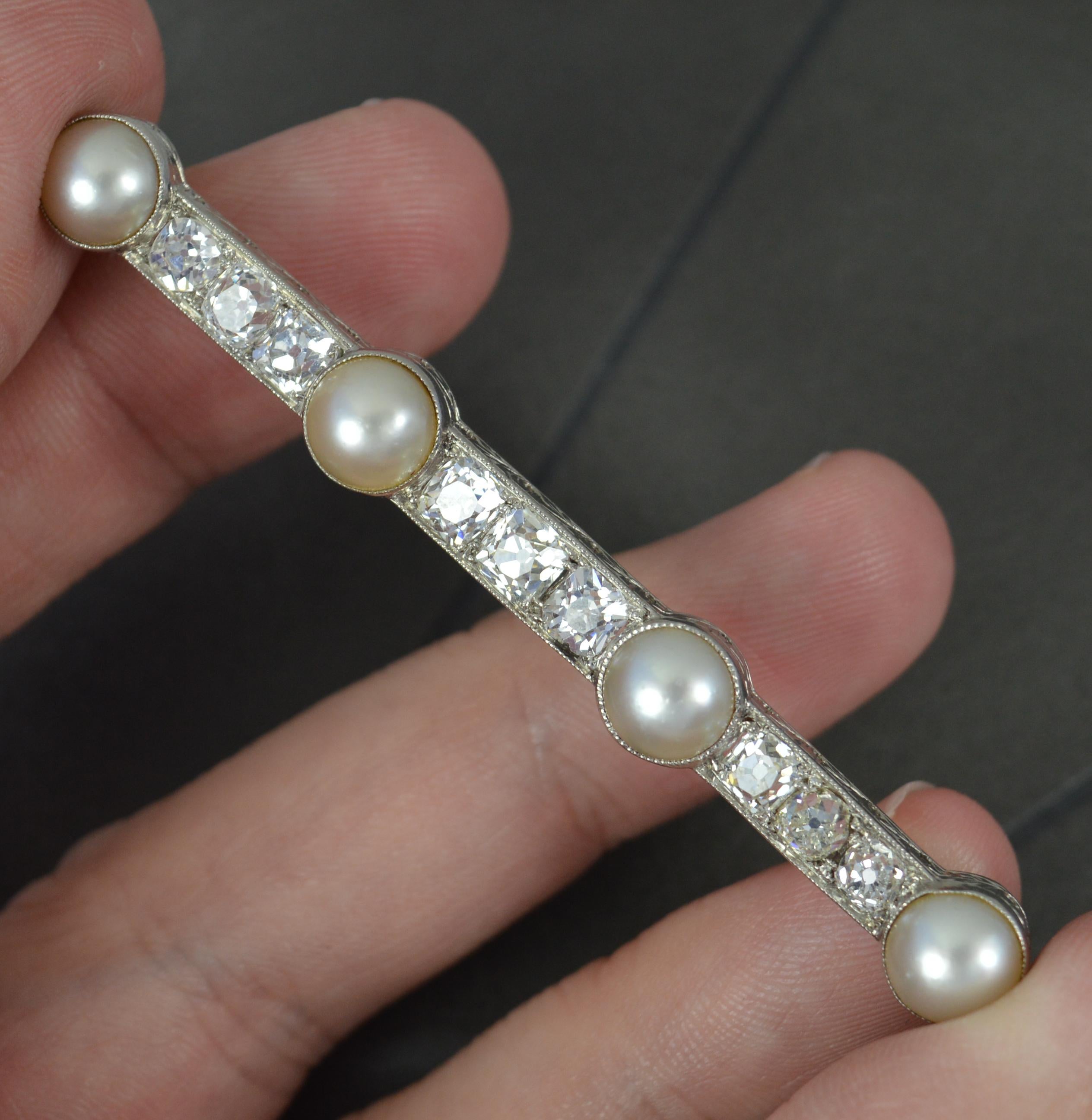 Platinum VS 2.3ct Old Cut Diamond and Pearl Bar Brooch For Sale 1