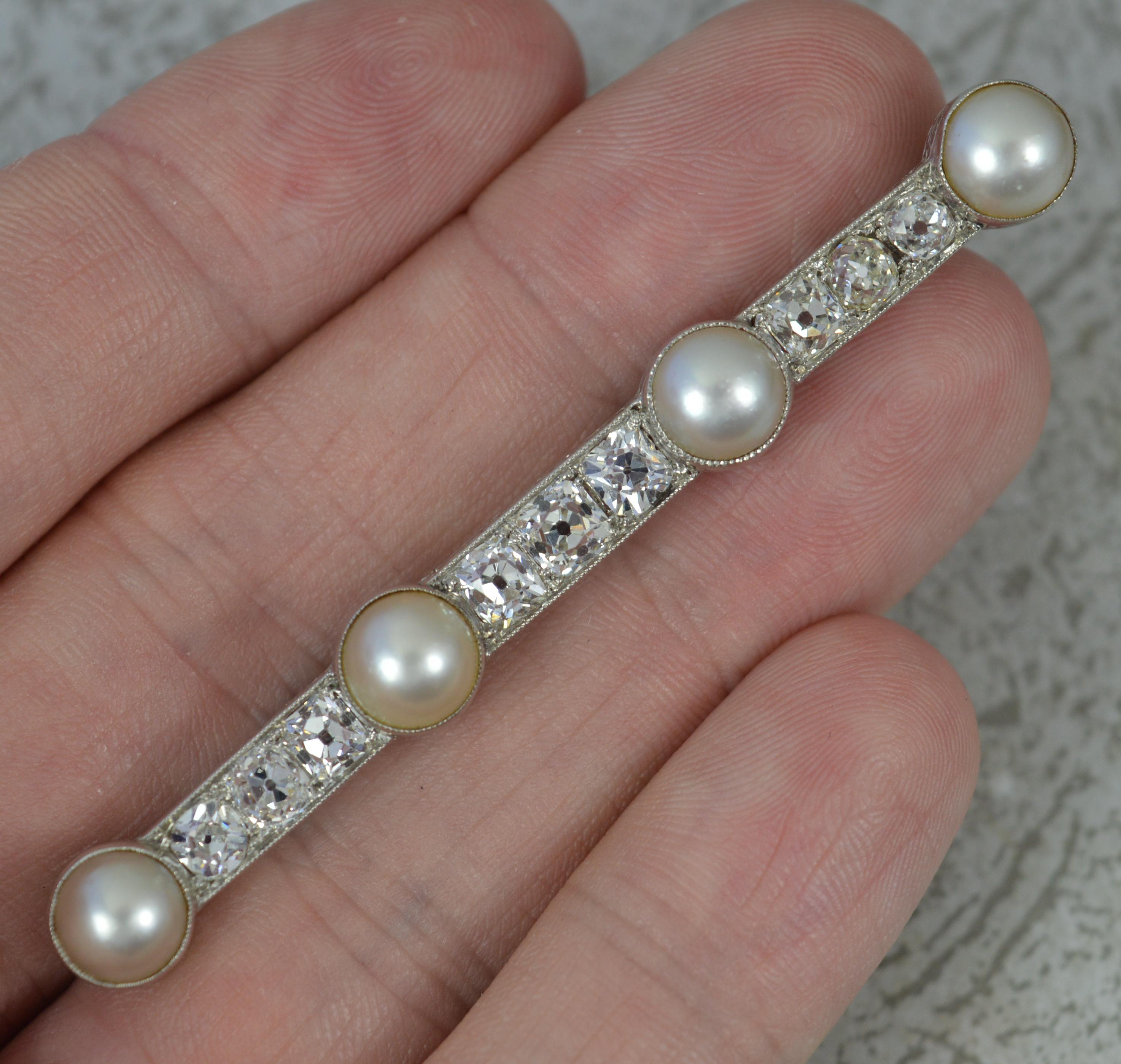 Platinum VS 2.3ct Old Cut Diamond and Pearl Bar Brooch For Sale 2