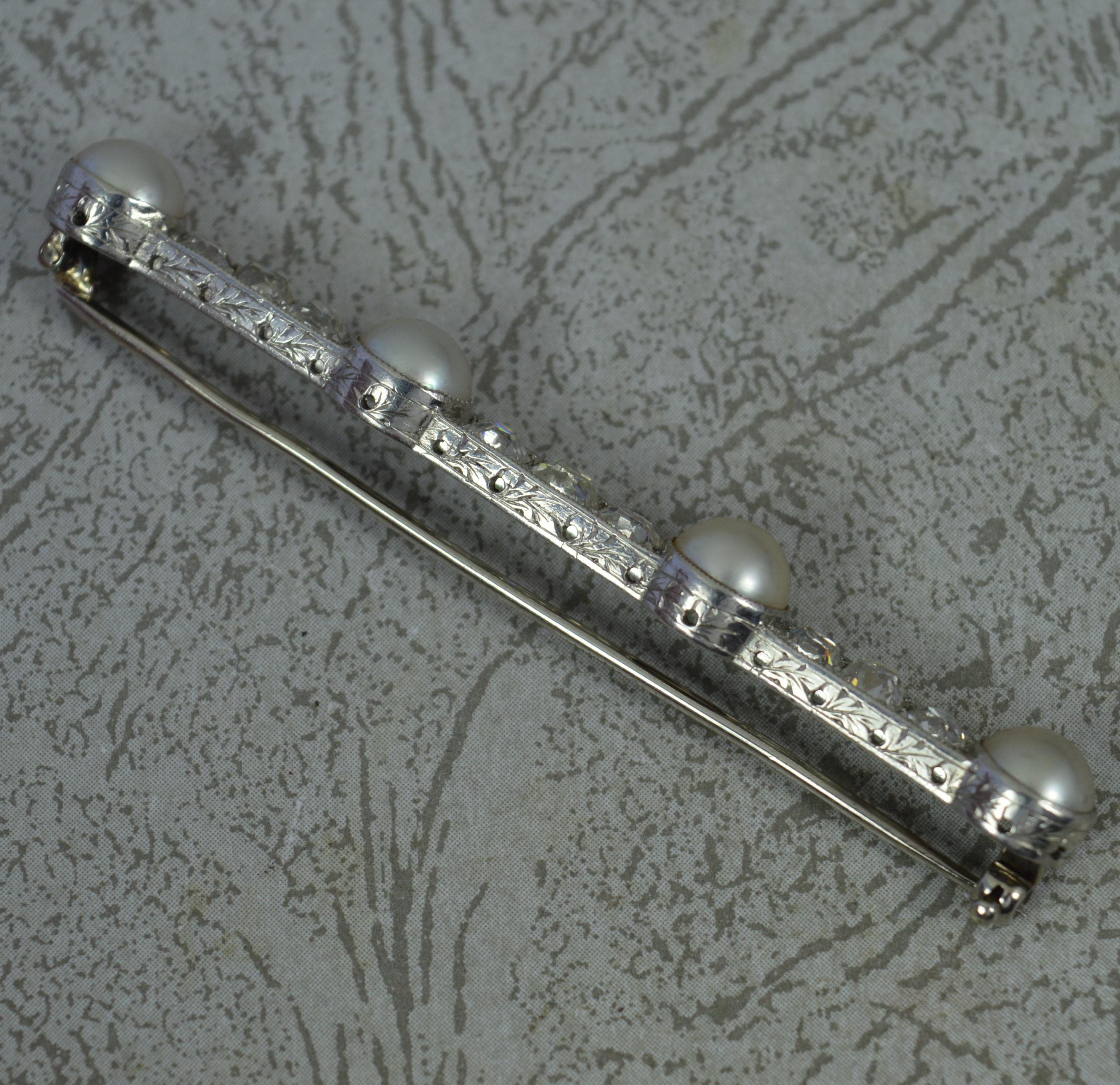 Platinum VS 2.3ct Old Cut Diamond and Pearl Bar Brooch For Sale 3