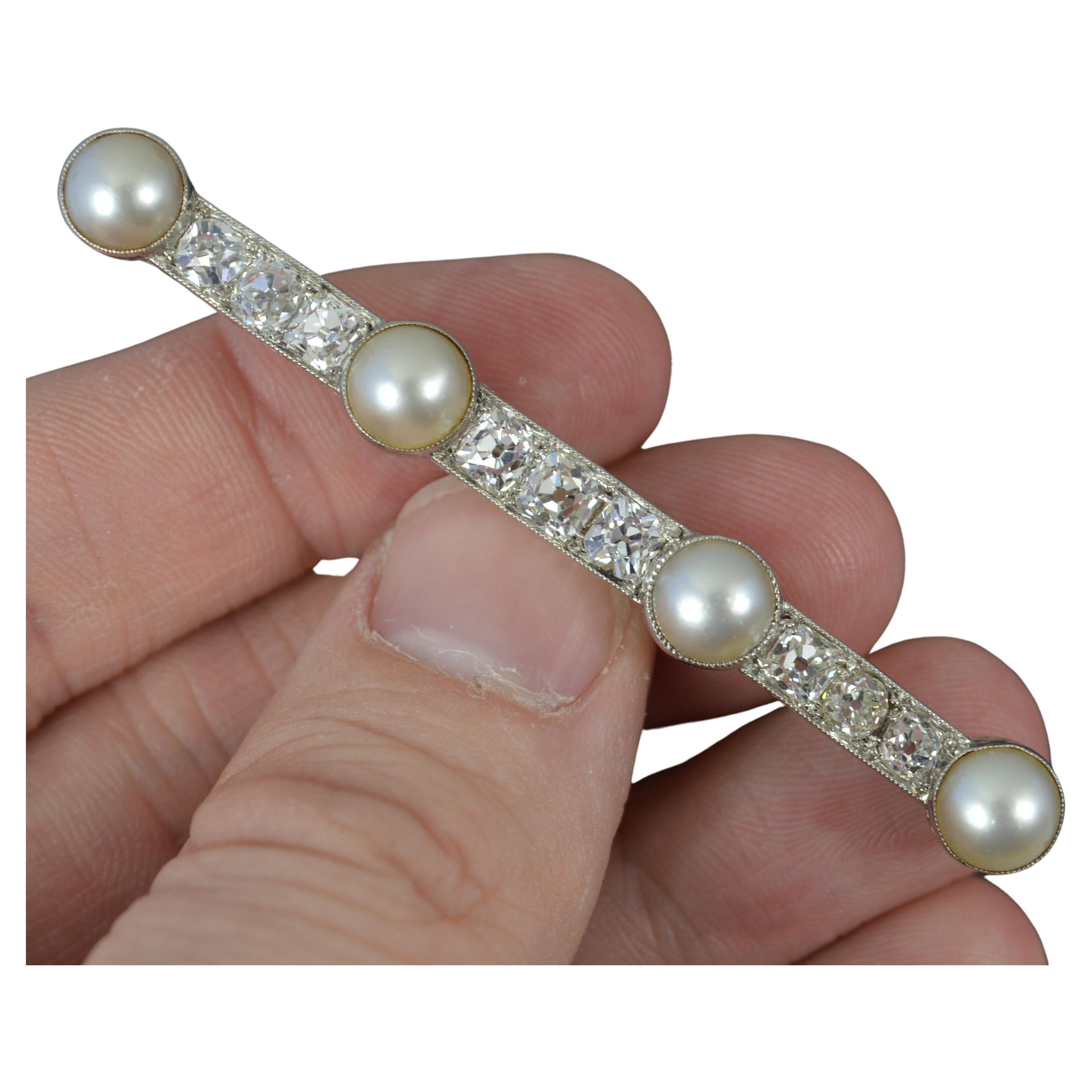 Platinum VS 2.3ct Old Cut Diamond and Pearl Bar Brooch For Sale