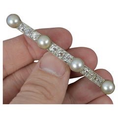 Antique Platinum VS 2.3ct Old Cut Diamond and Pearl Bar Brooch