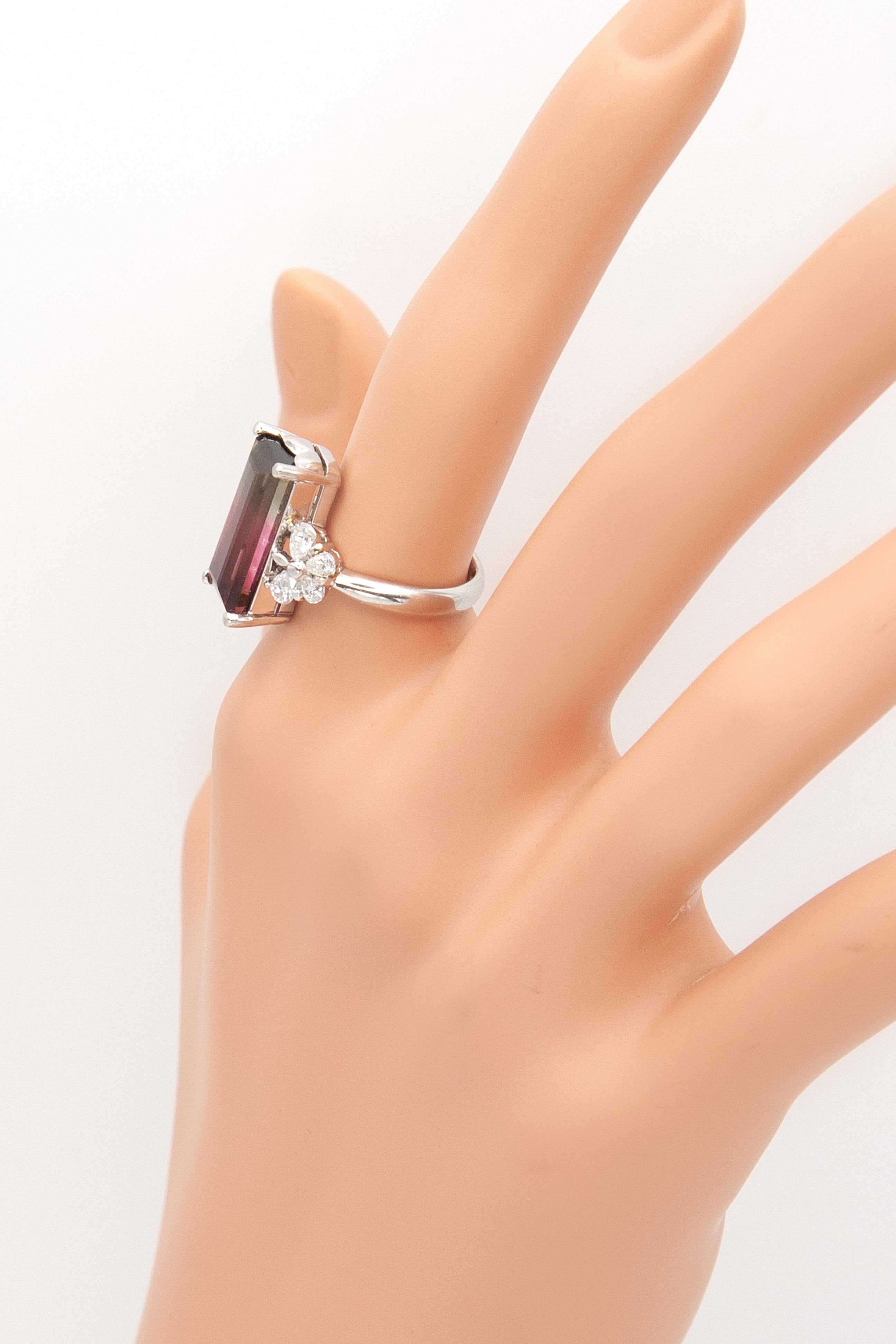 Emerald Cut Platinum Watermelon Tourmaline Diamond Ring For Sale