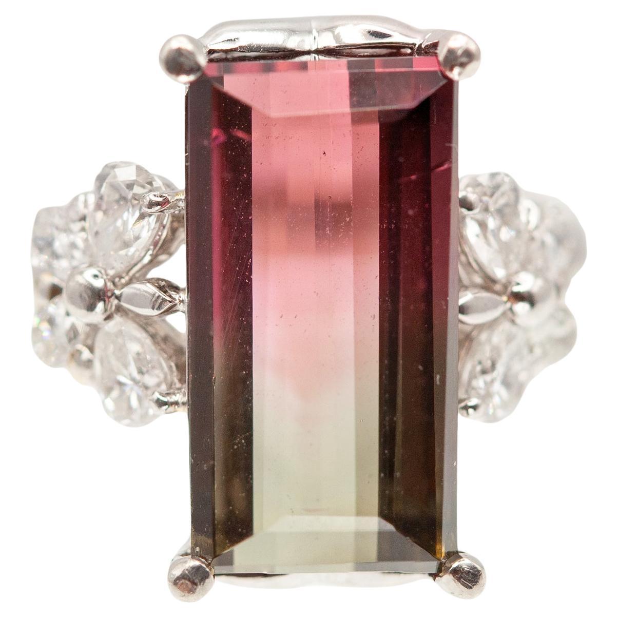 Platinum Watermelon Tourmaline Diamond Ring For Sale