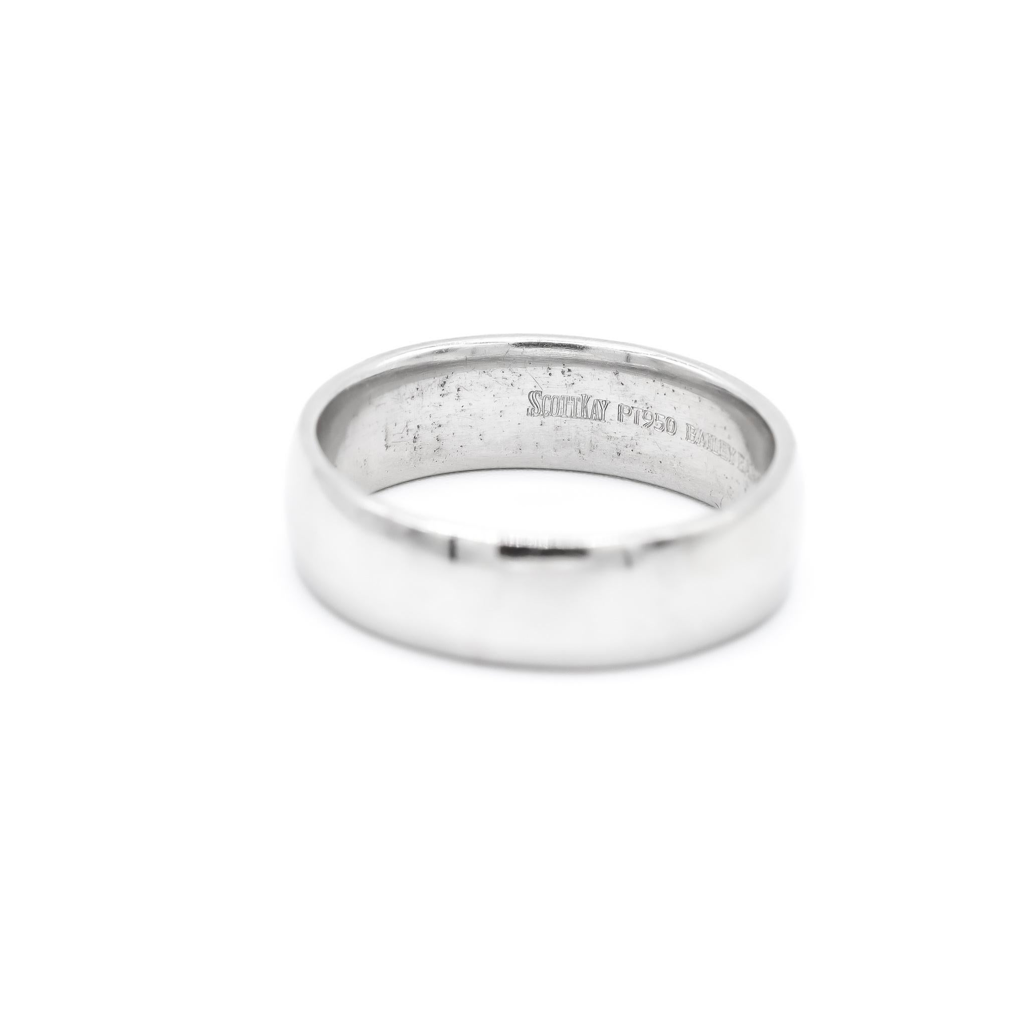 One custom made polished platinum, anniversary, wedding band with a soft-square shank. The band is a size 8. The band weighs a total of 9.90 grams. Engraved with 
