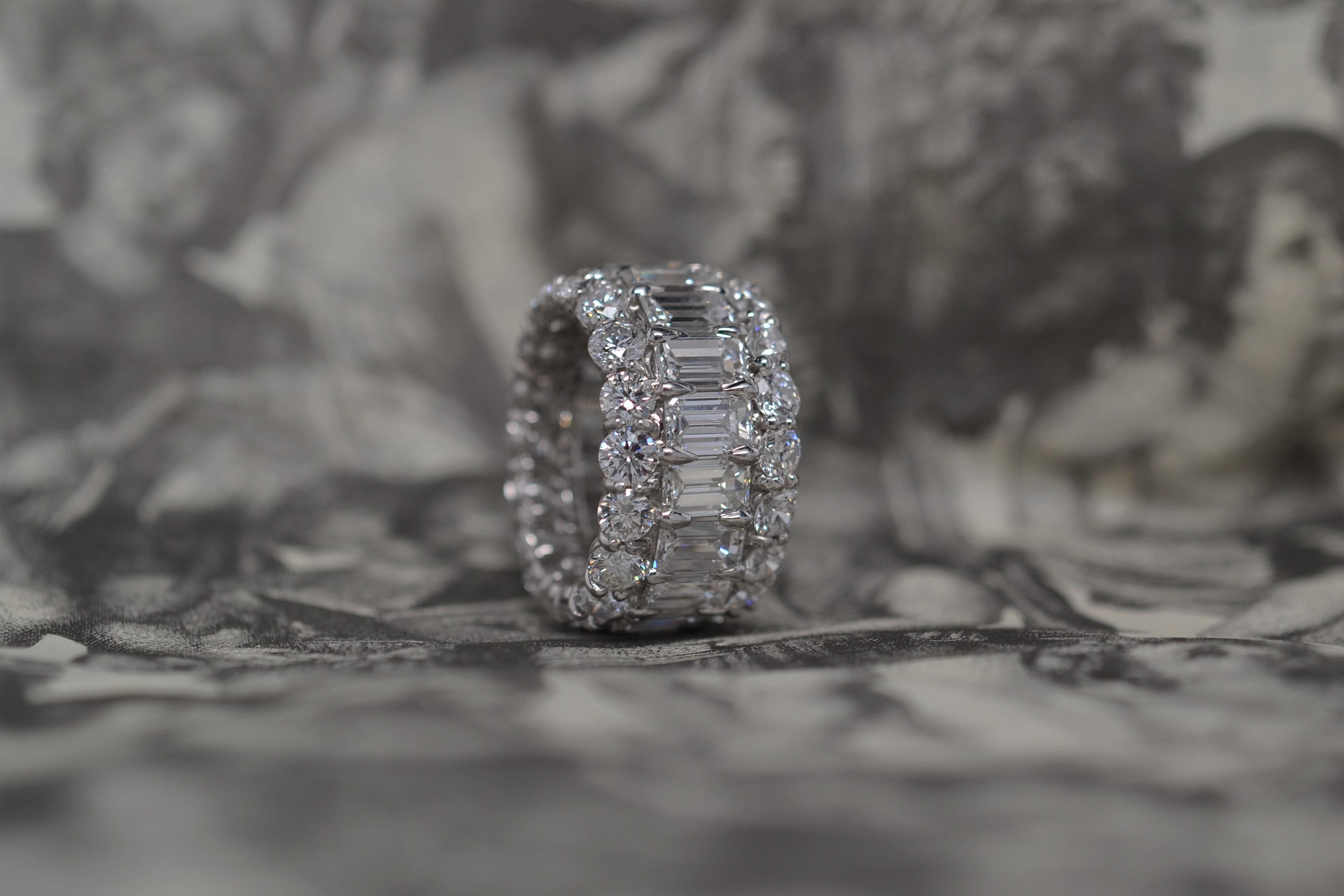 Platinum Wedding Ring with Emerald Cut & Round Brilliant Cut Diamonds, 14.12ct For Sale 3