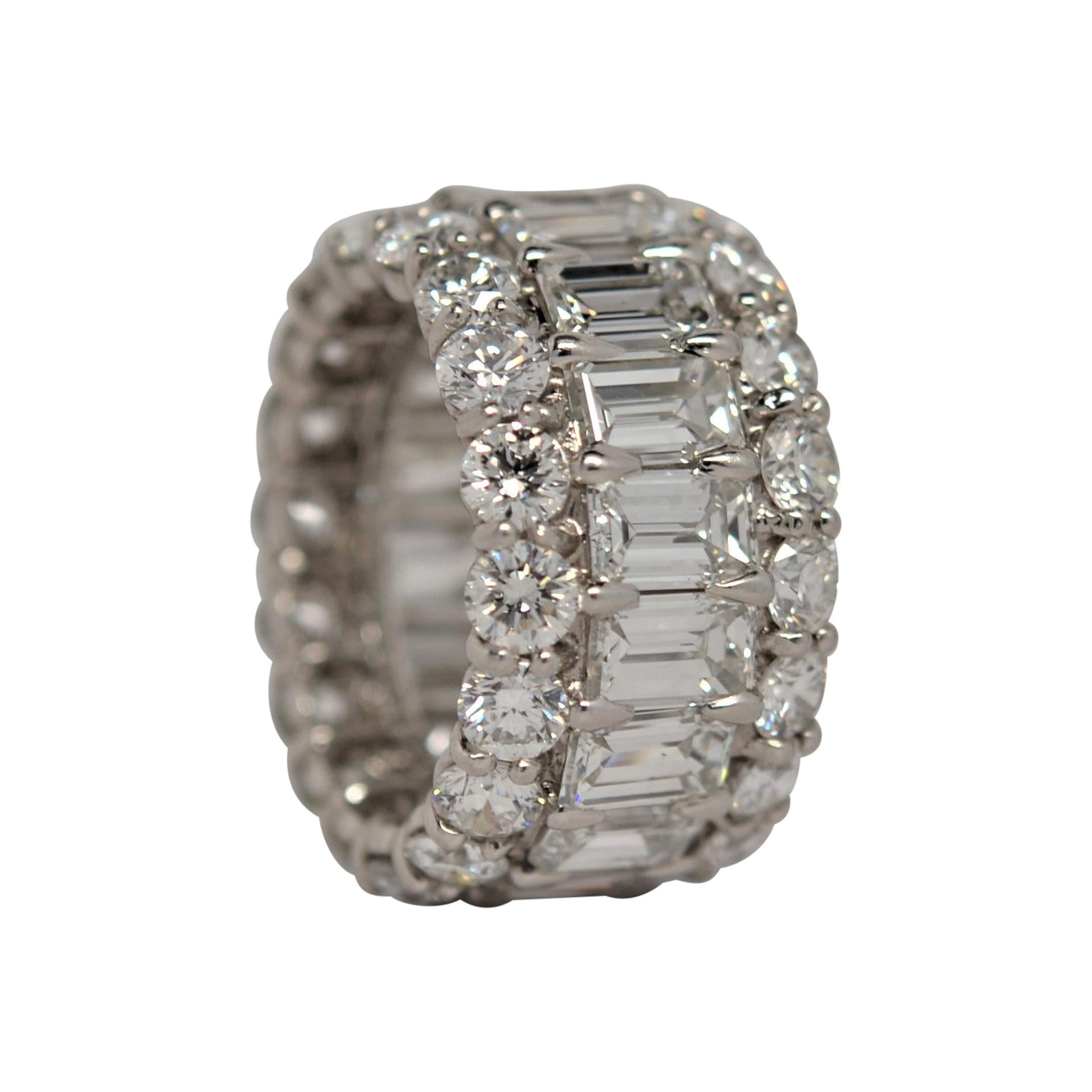 Platinum Wedding Ring with Emerald Cut & Round Brilliant Cut Diamonds, 14.12ct For Sale