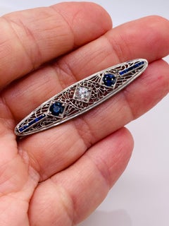 Platinum White and Blue Sapphire Brooch Pin