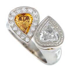 Platinum White and Yellow Diamonds Heart Shaped Open Ring