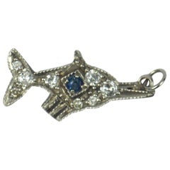 Platinum White Diamond Blue Sapphire Fish Charm Pendant