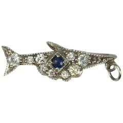 Platinum White Diamond Blue Sapphire Fish Charm Pendant