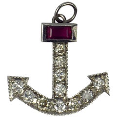 Platinum White Diamond Red Ruby Anchor Charm Pendant