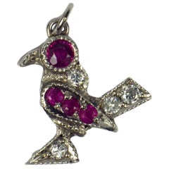 Platinum White Diamond Red Ruby Bird Charm Pendant